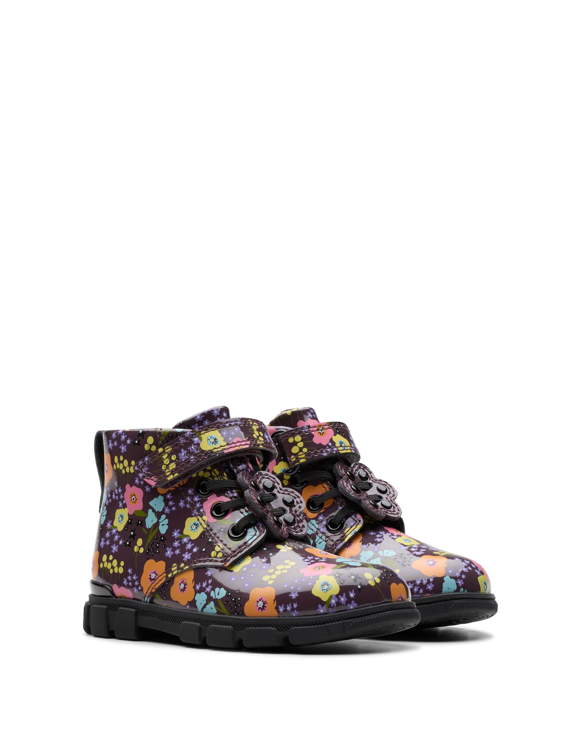 Clarks Kids Patent Floral Riptape Ankle Boots (4 Small - 6 Small) - 4SF - Purple, Purple