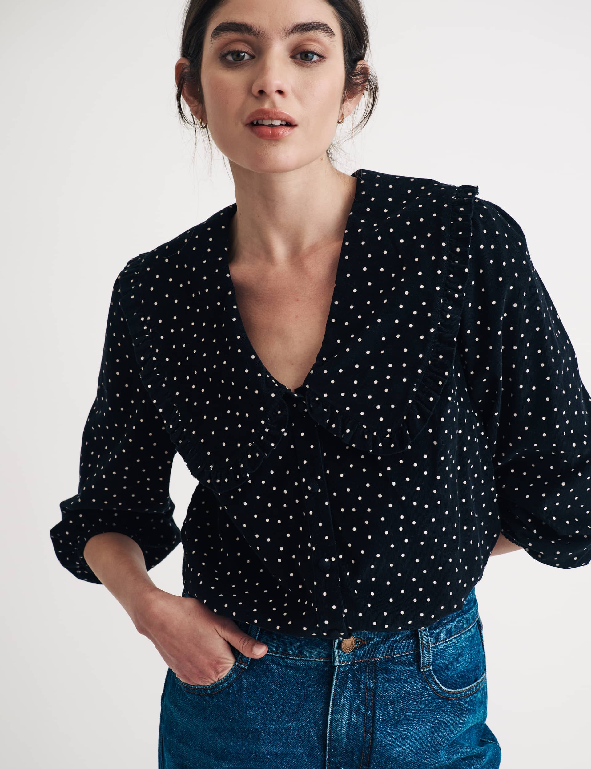 Nobody'S Child Women's Pure Cotton Polka Dot V-Neck Blouse