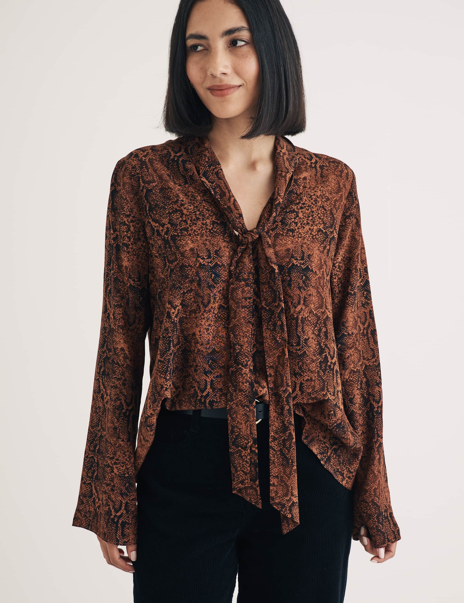 Nobody'S Child Women's Snake Print Scarf Neck Relaxed Blouse - 12 - Brown, Brown