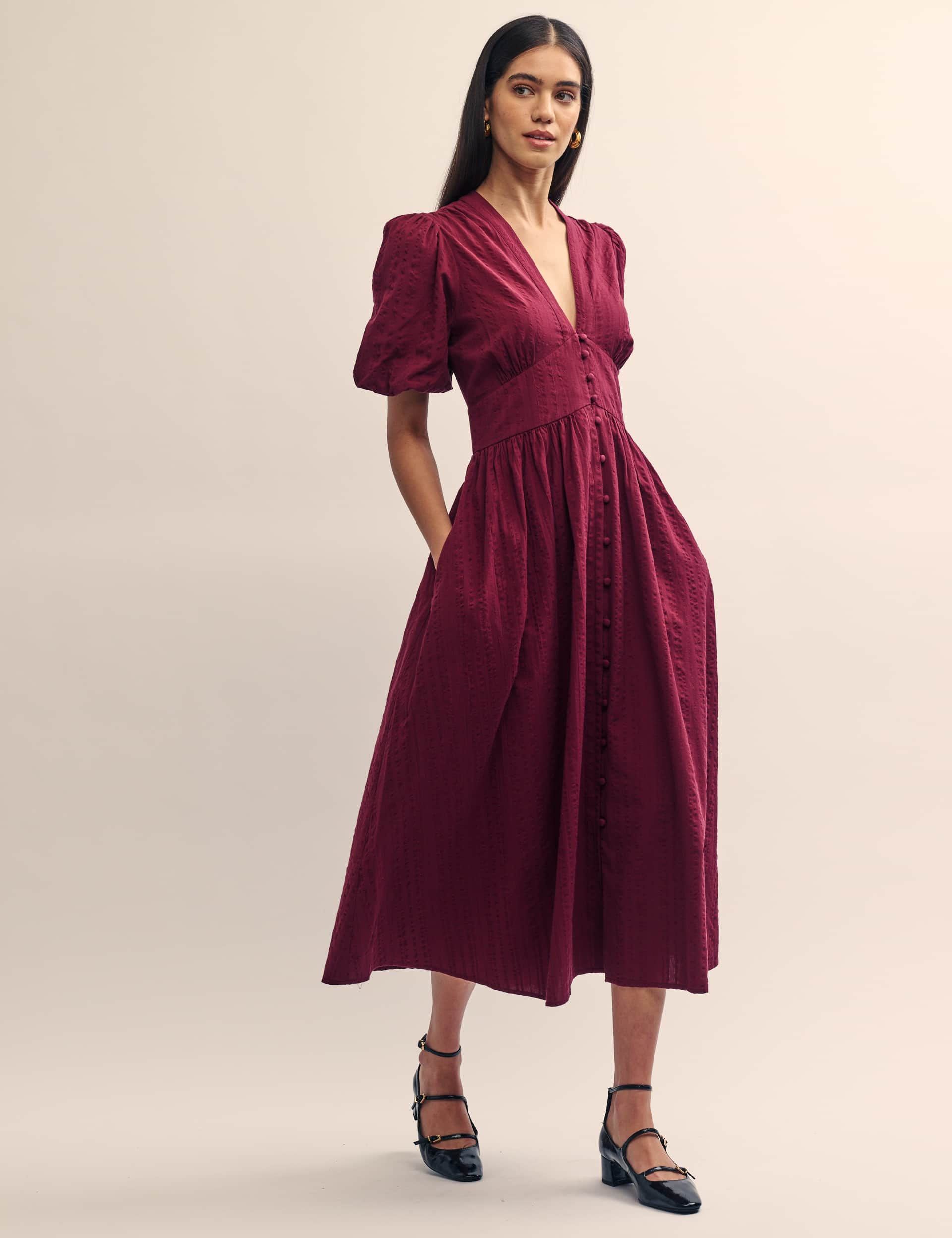 Nobody'S Child Women's Pure Cotton V-Neck Midaxi Waisted Dress - 14 - Burgundy, Burgundy