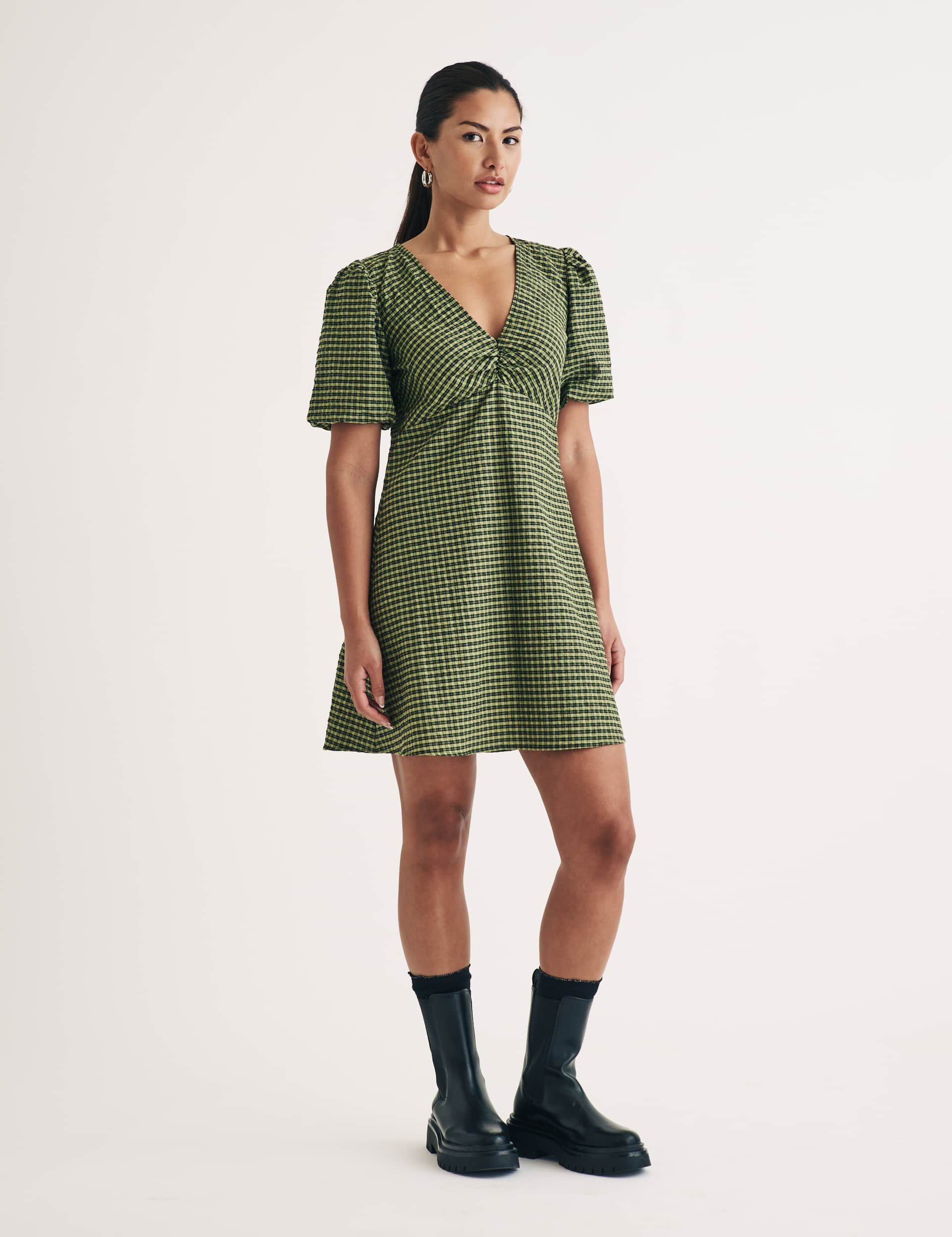 Nobody'S Child Women's Cotton Rich Checked Mini Skater Dress - 12 - Green Mix, Green Mix