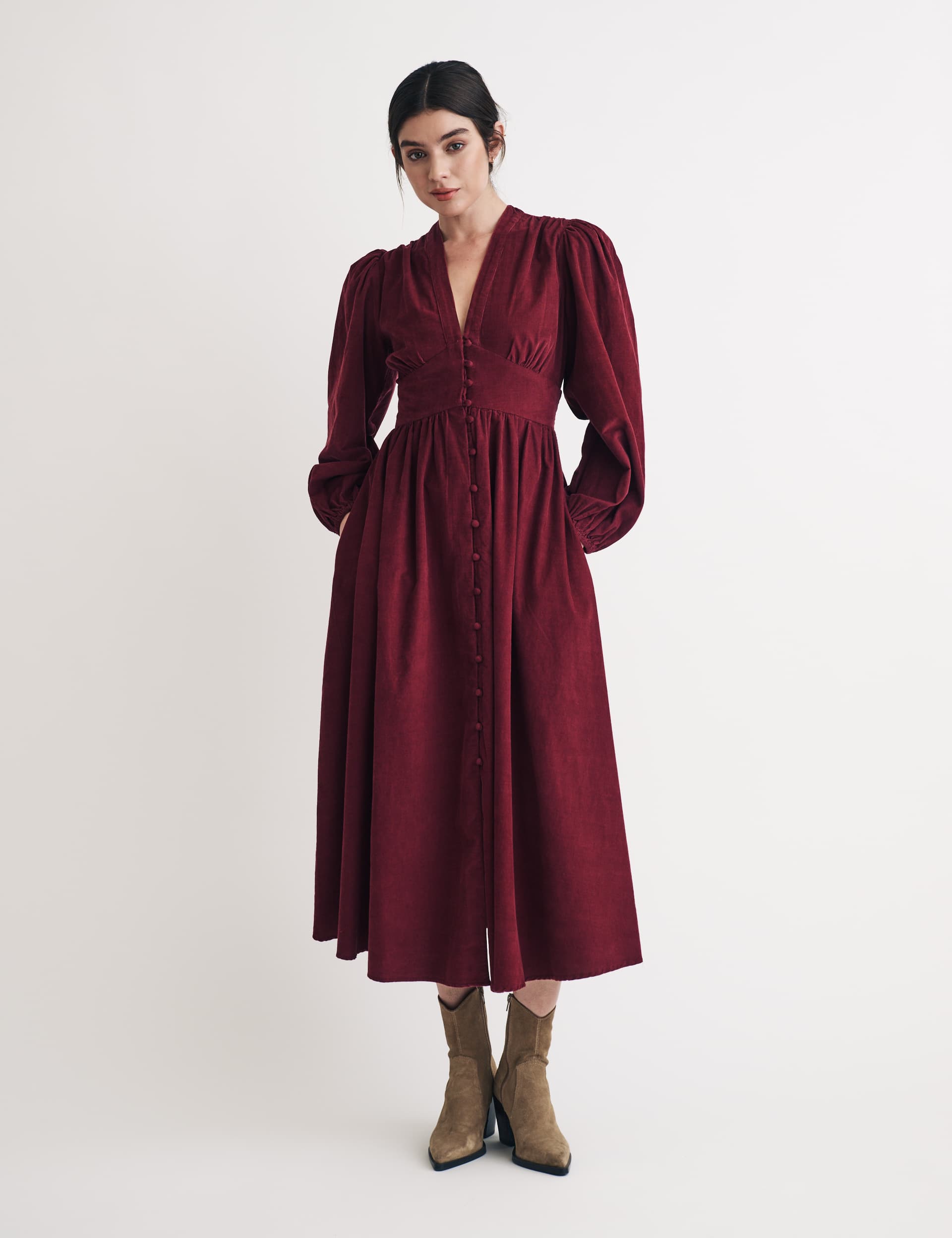 Nobody'S Child Women's Cord Midaxi Waisted Dress - 10 - Burgundy, Burgundy