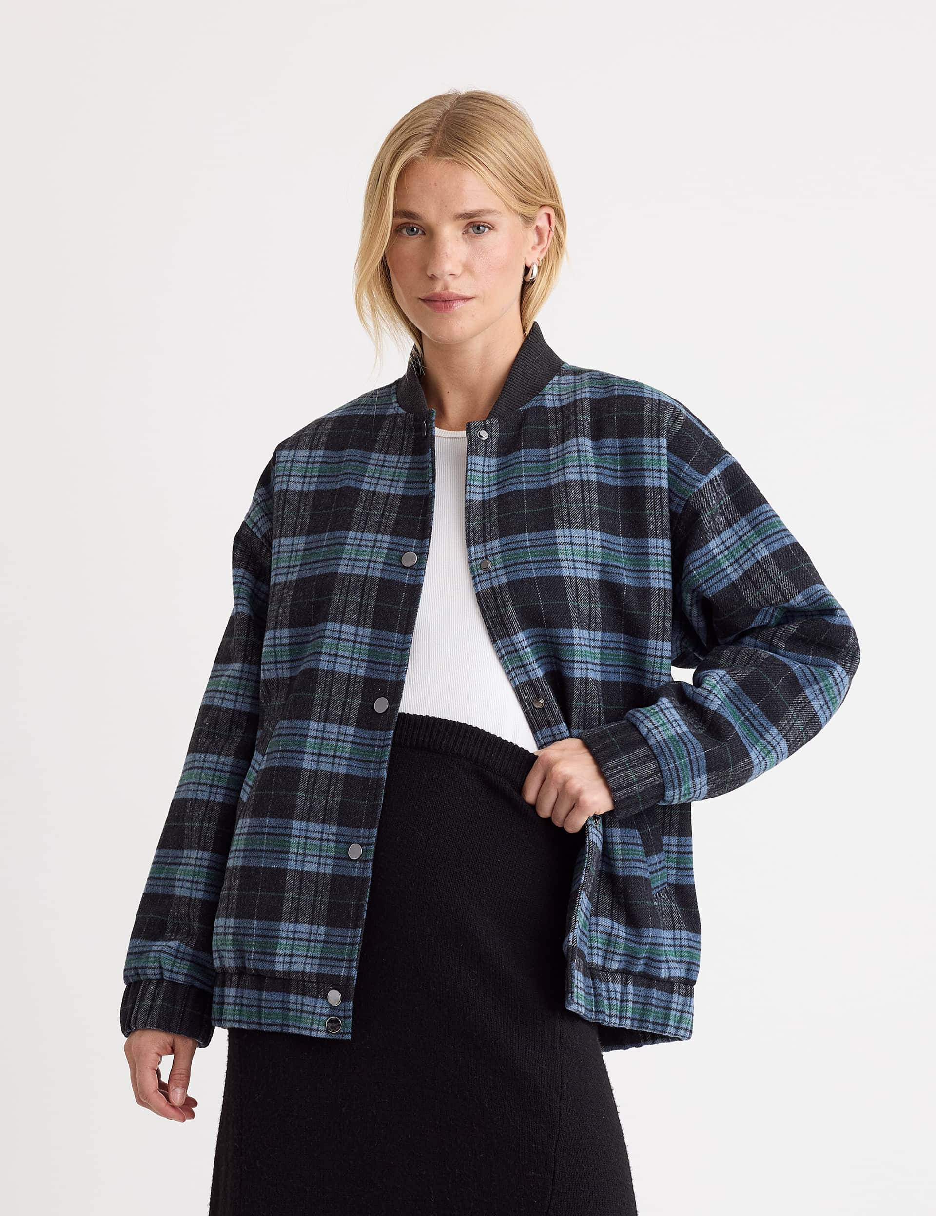 Nobody'S Child Women's Checked Bomber Jacket - S - Blue, Blue