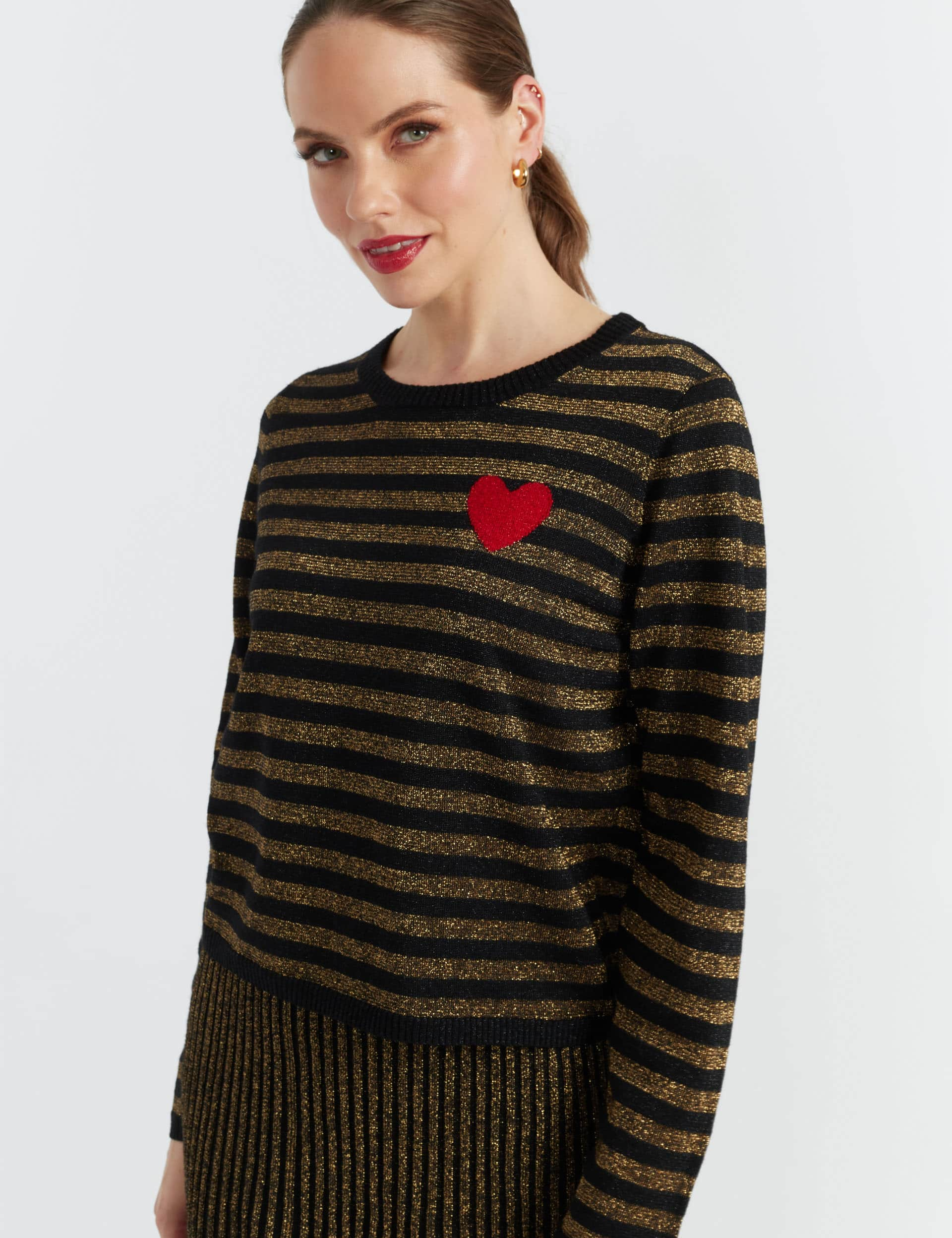 Chinti & Parker Women's Pure Merino Wool Striped Metallic Jumper - Black/Gold, Black/Gold