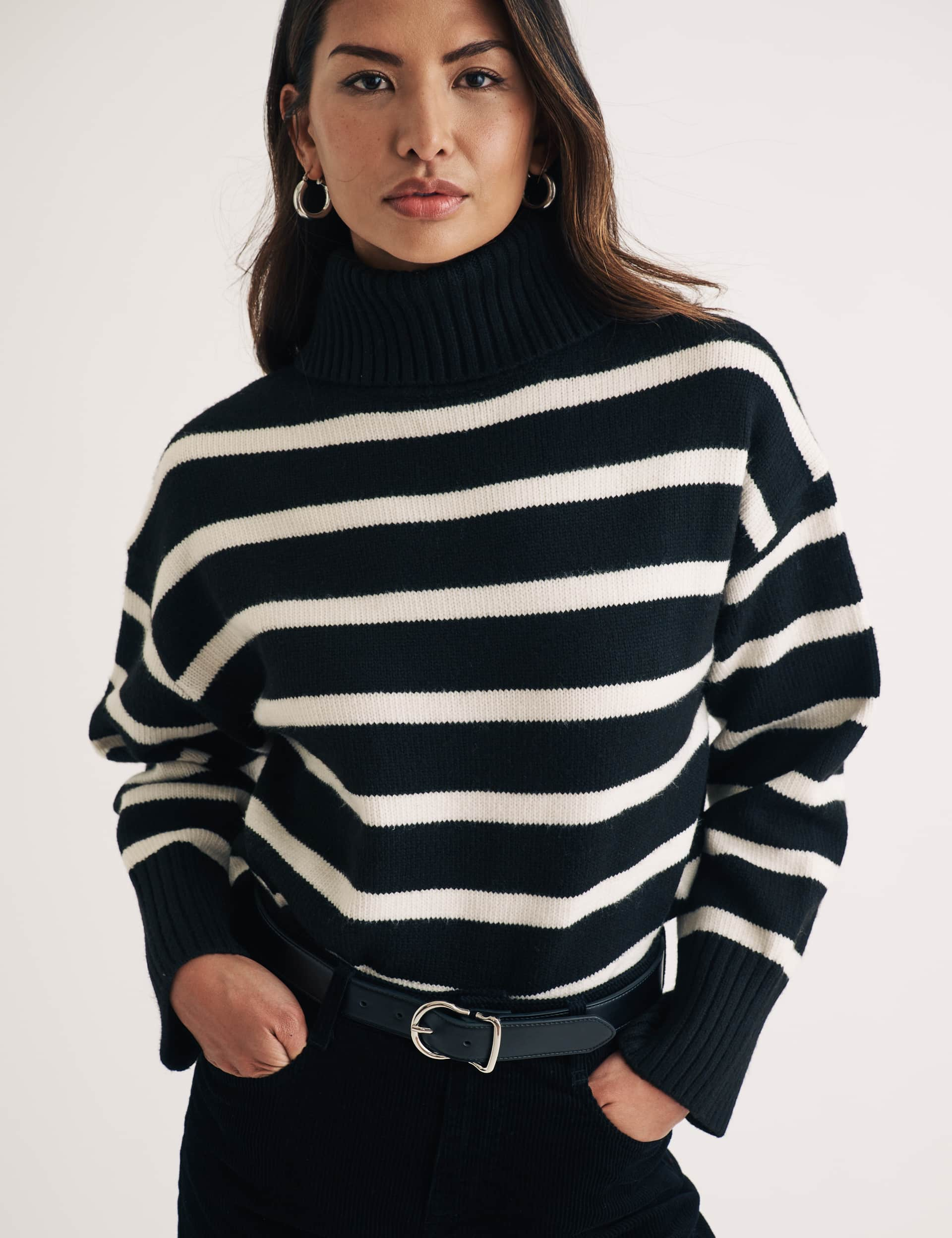 Nobody'S Child Women's Striped Roll Neck Relaxed Jumper - Black Mix, Black Mix