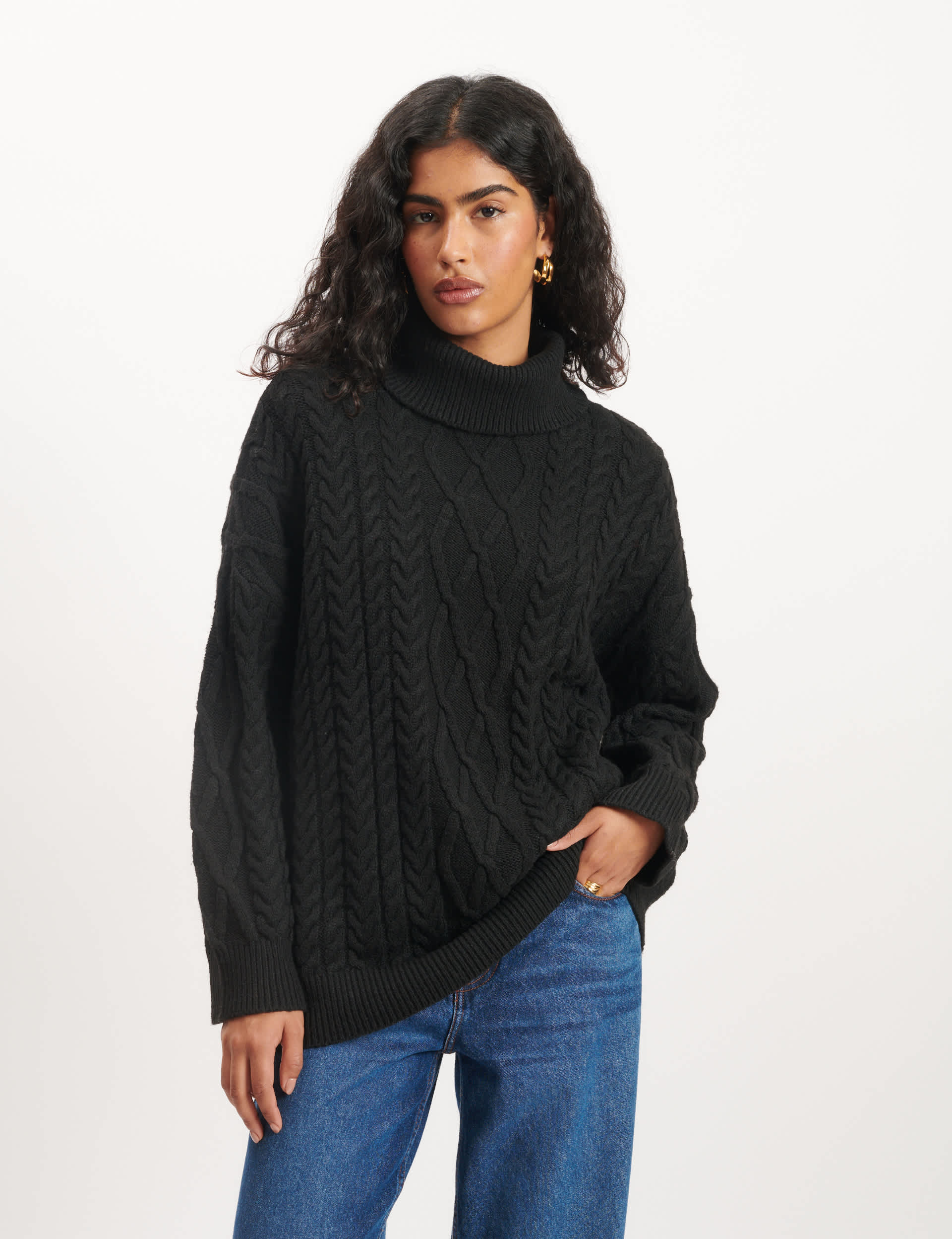 Nobody'S Child Women's Cotton Rich Cable Knit Roll Neck Jumper - Black, Black