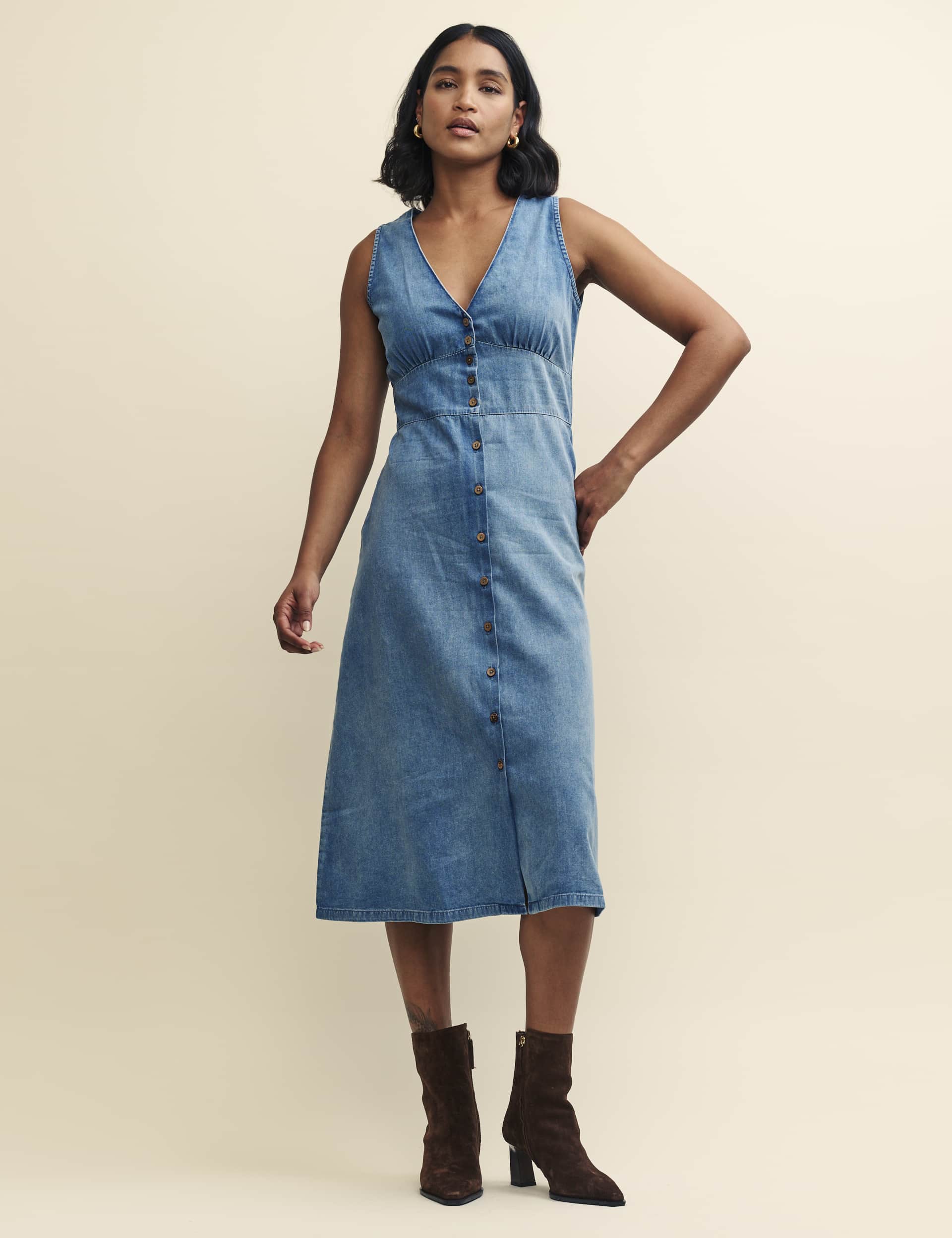 Nobody'S Child Women's Denim V-Neck Midi Waisted Dress