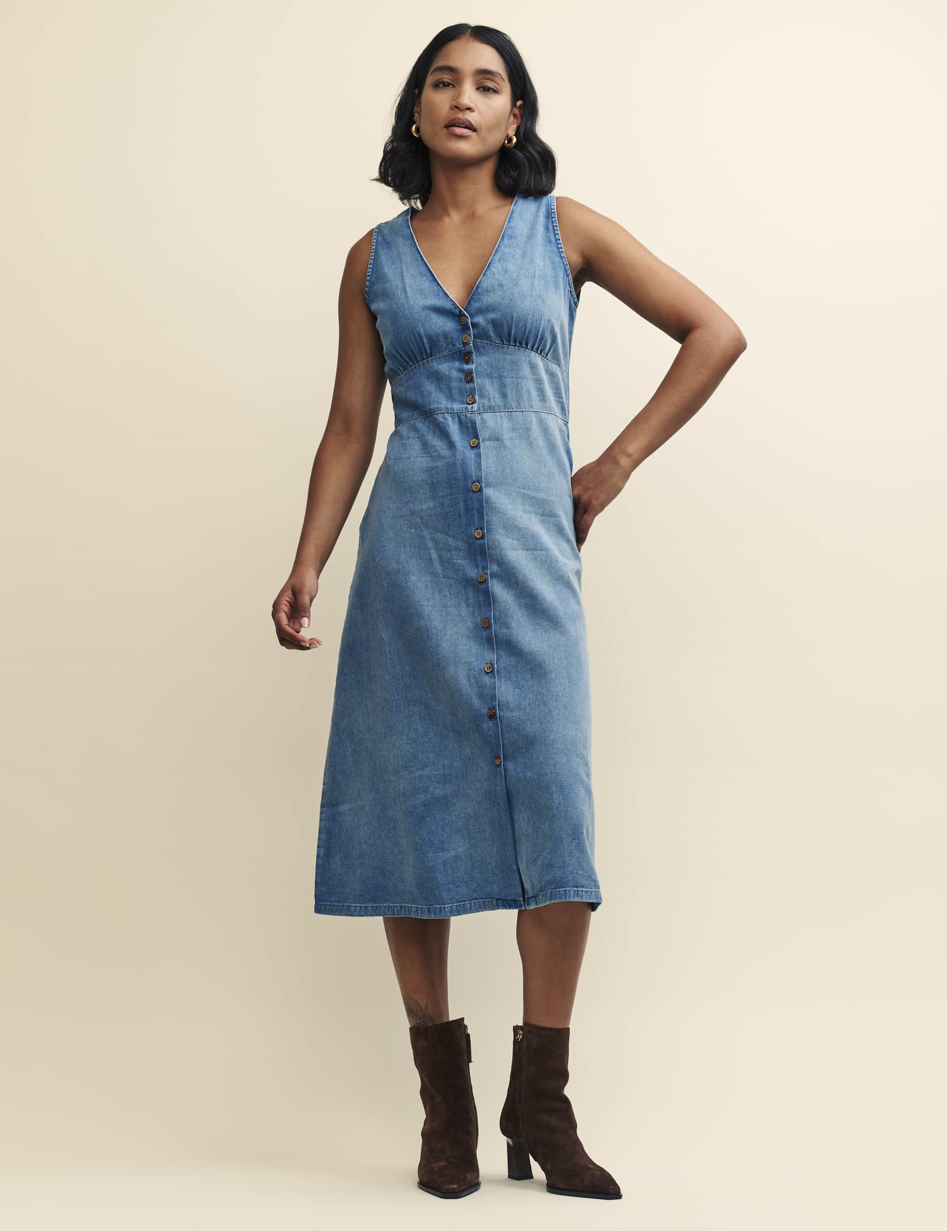 Nobody'S Child Women's Denim V-Neck Midi Waisted Dress - 12, Denim