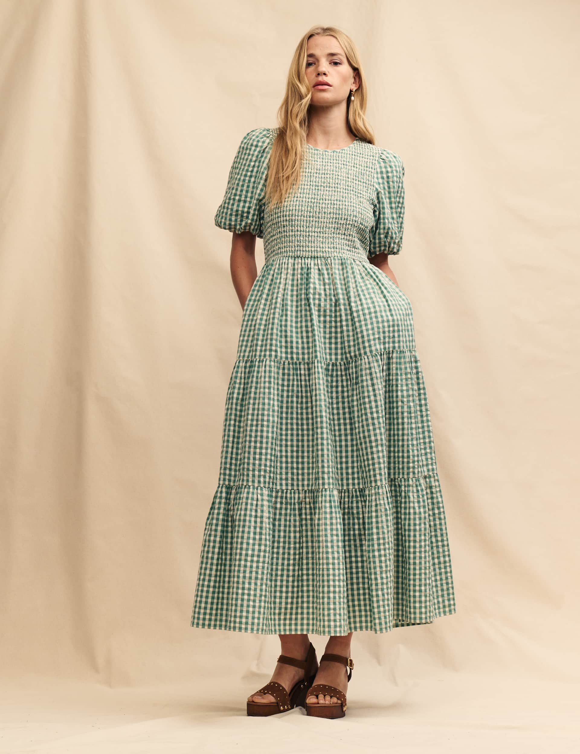 Nobody'S Child Women's Pure Cotton Gingham Midaxi Tiered Dress - 12 - Green Mix, Green Mix