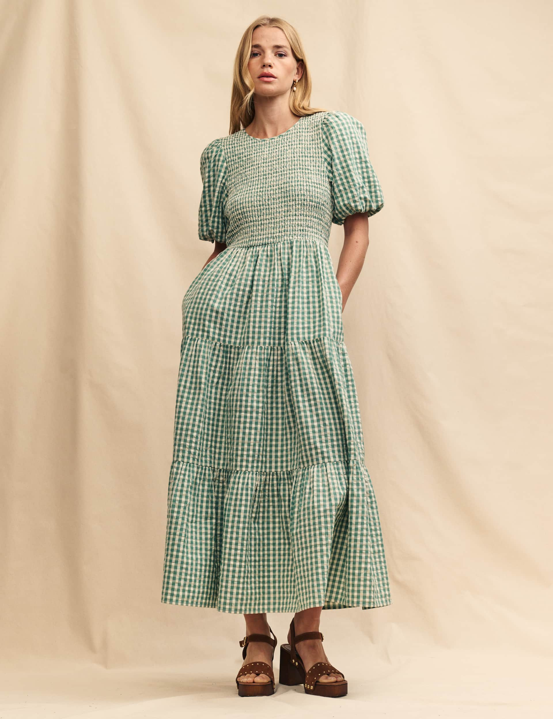 Nobody'S Child Women's Pure Cotton Gingham Midaxi Tiered Dress - 12 - Green Mix, Green Mix