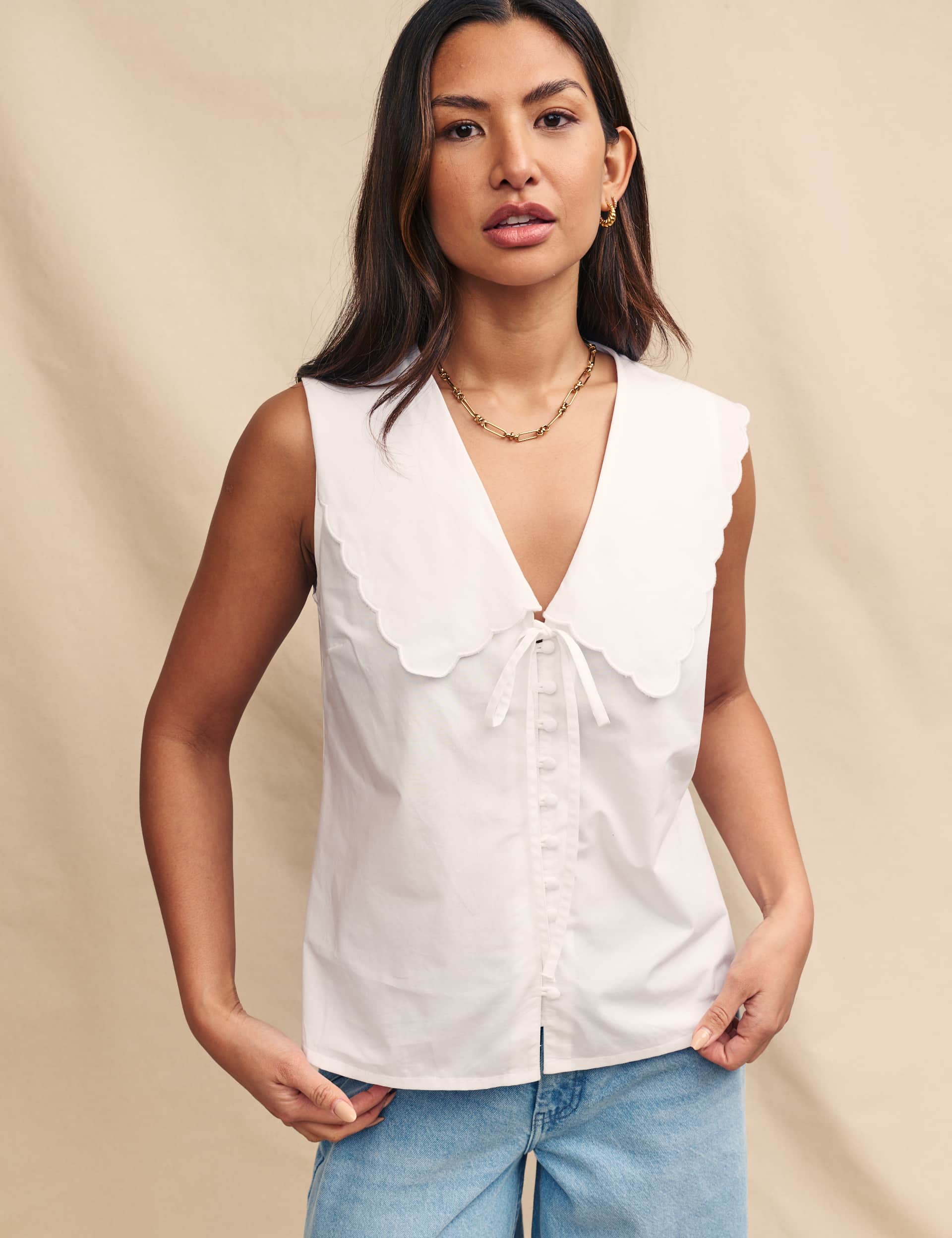 Nobody'S Child Women's Pure Cotton Oversized Collared Tie Front Blouse