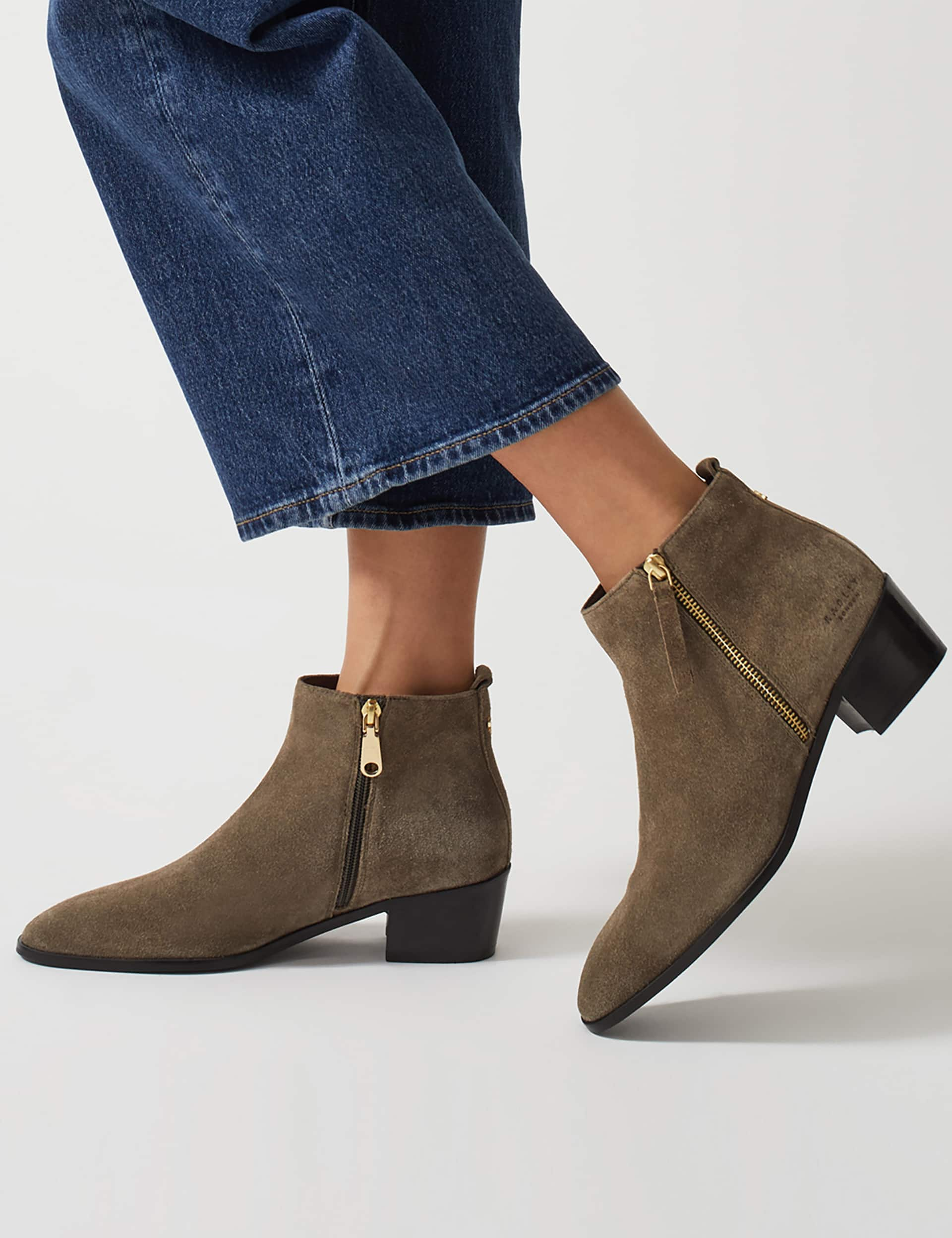 Radley Women's Suede Block Heel Ankle Boots - 6 - Khaki, Khaki