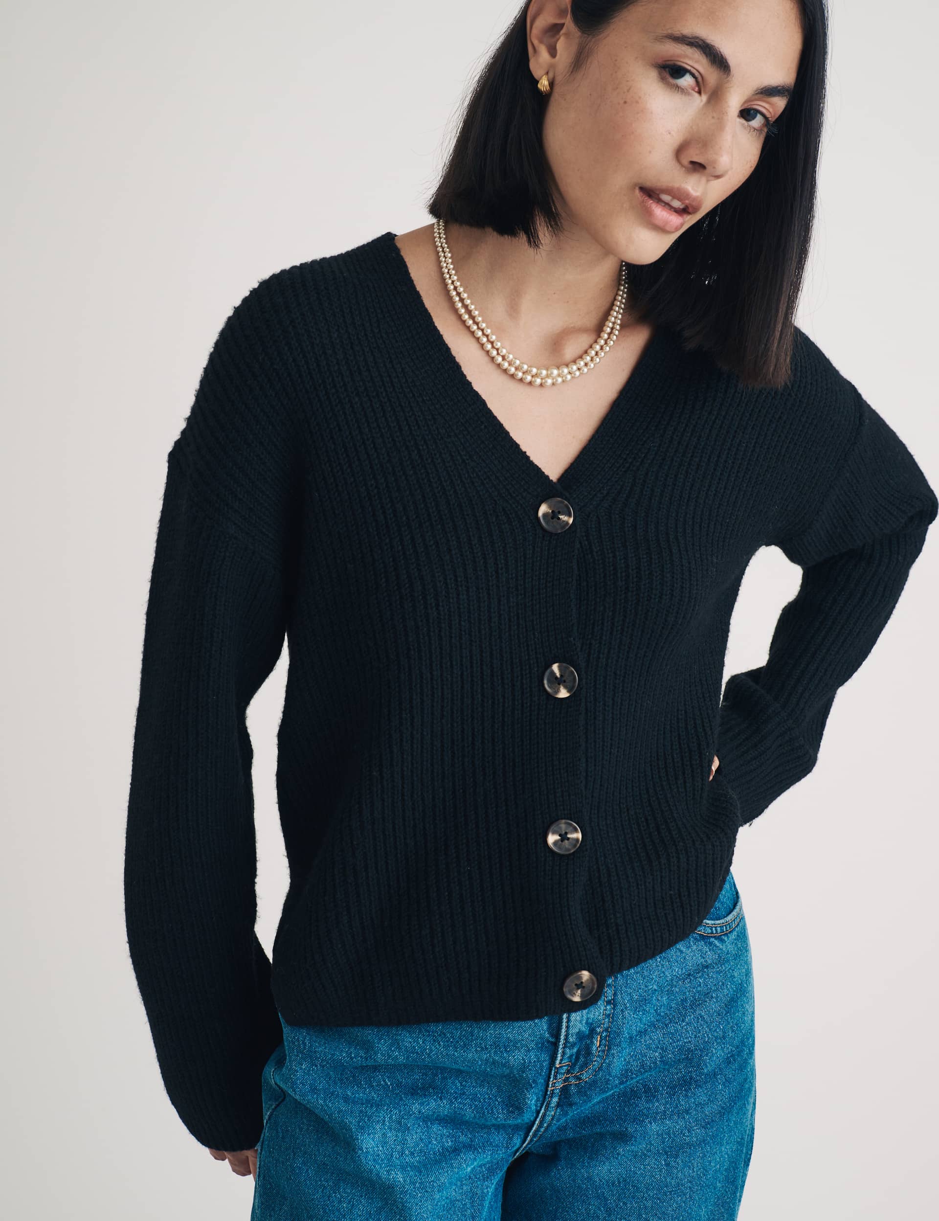 Nobody'S Child Women's Cotton Rich Ribbed V-Neck Cardigan