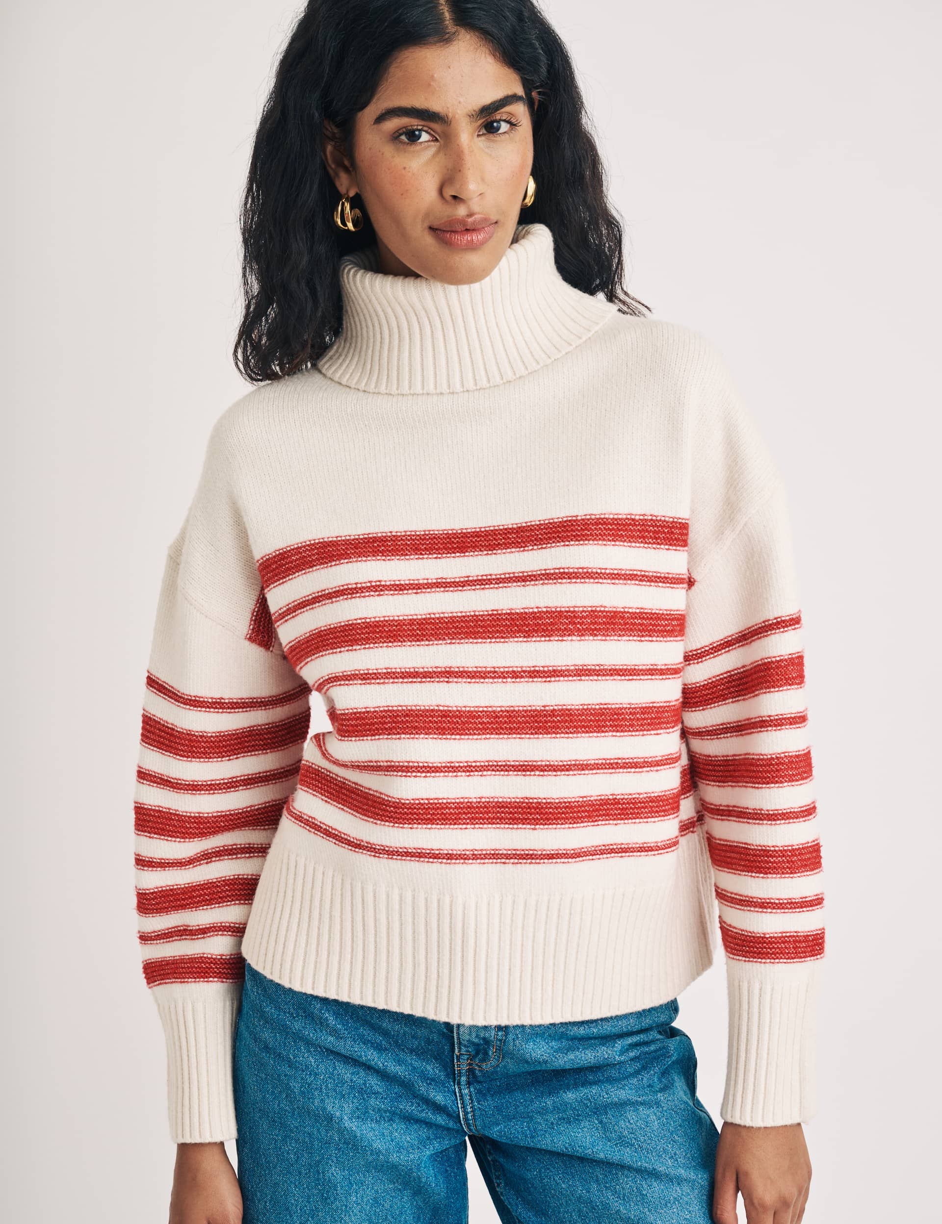 Nobody'S Child Women's Striped Roll Neck Relaxed Jumper - Cream Mix, Cream Mix