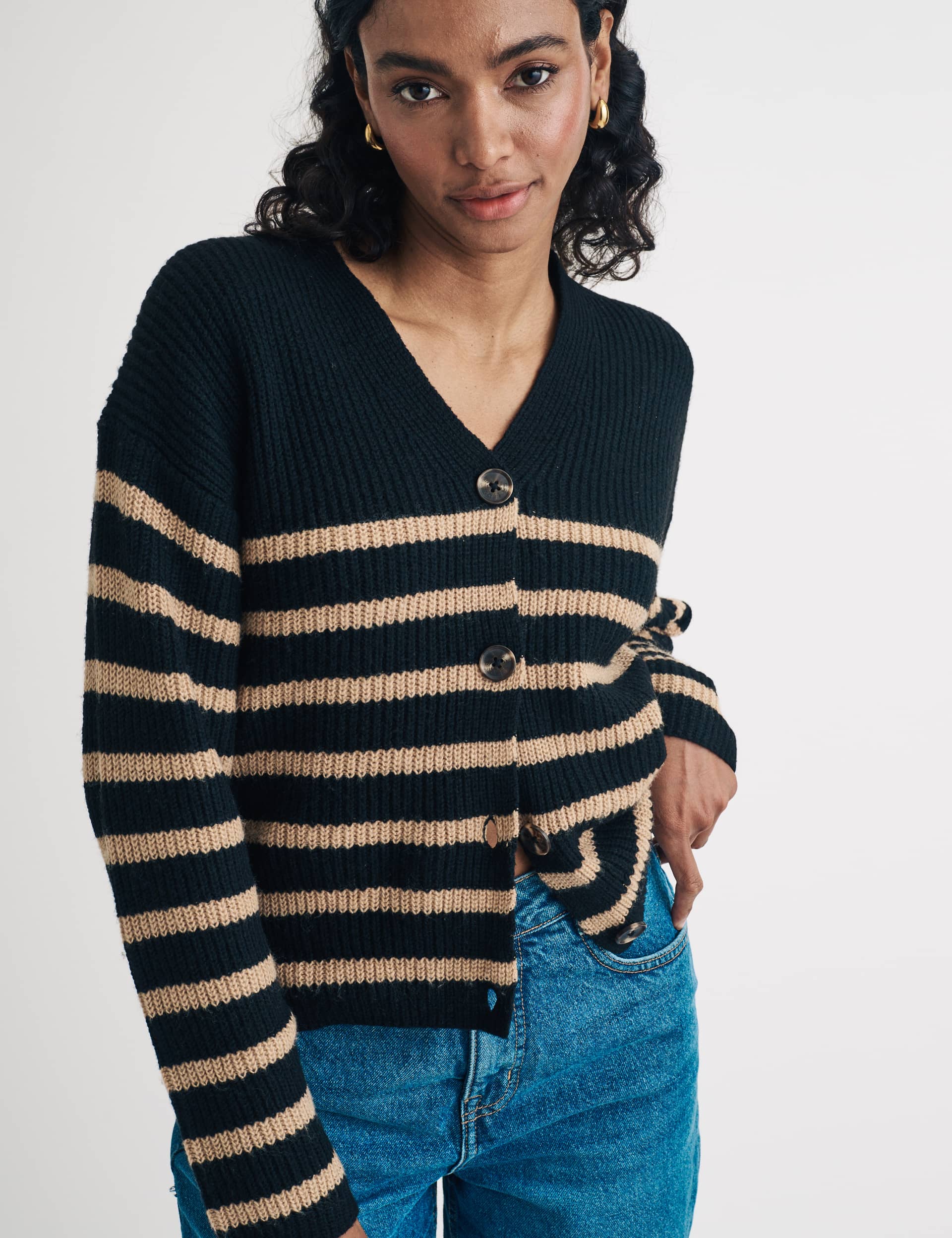 Nobody'S Child Women's Cotton Rich Striped V-Neck Relaxed Cardigan