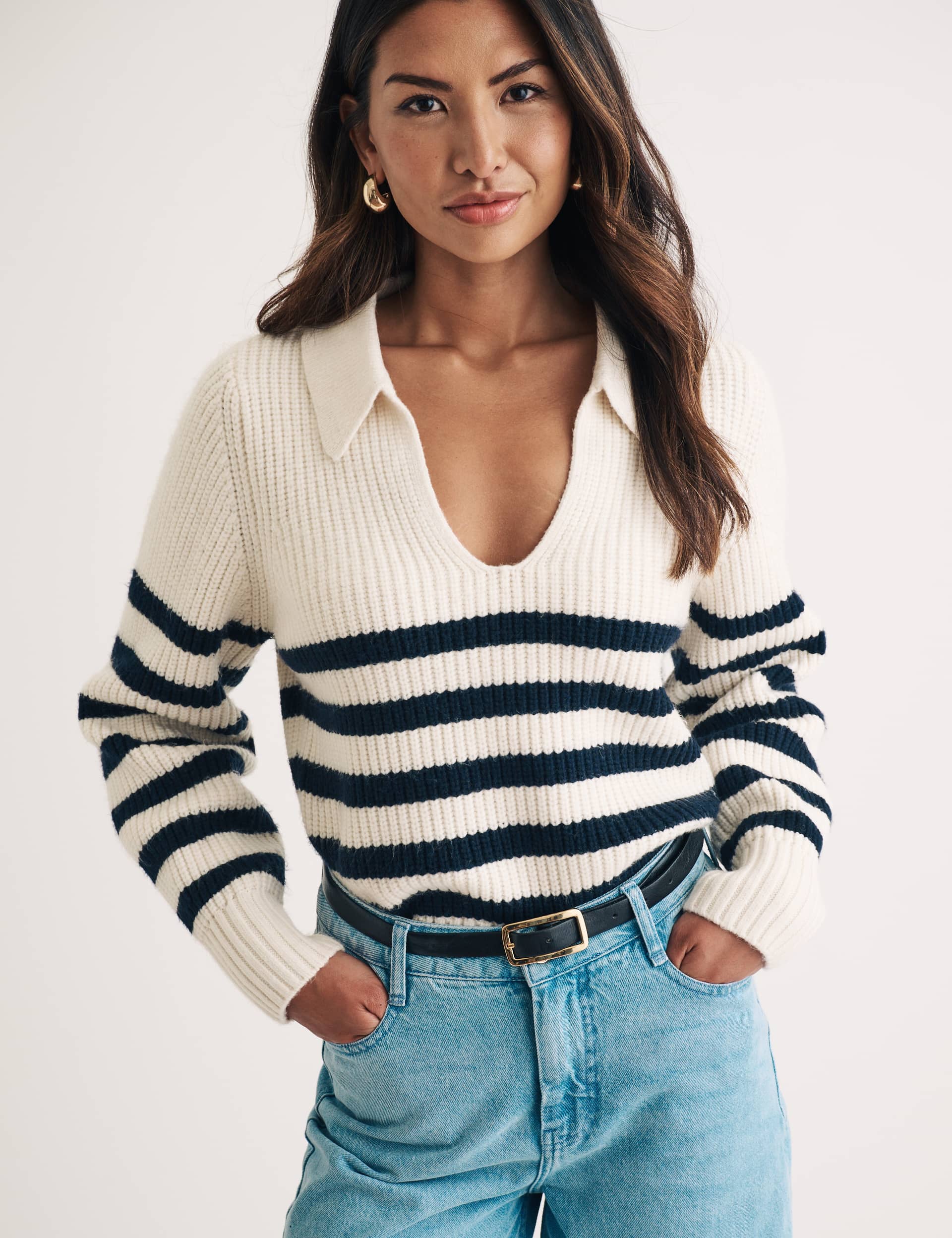 Nobody'S Child Women's Striped Collared Open Neck Relaxed Jumper