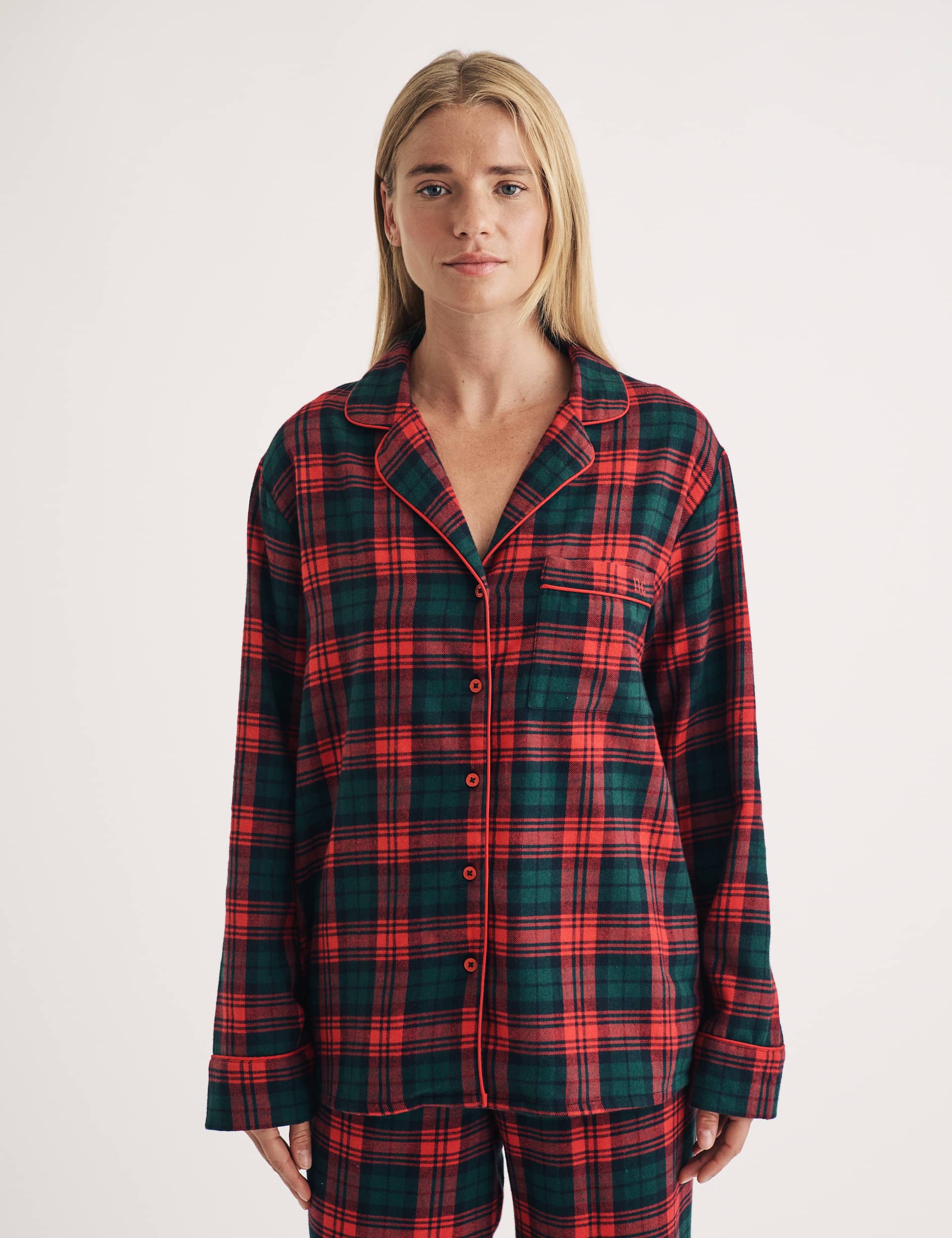 Nobody'S Child Women's Pure Cotton Checked Revere Collar Pyjama Top - Red Mix, Red Mix