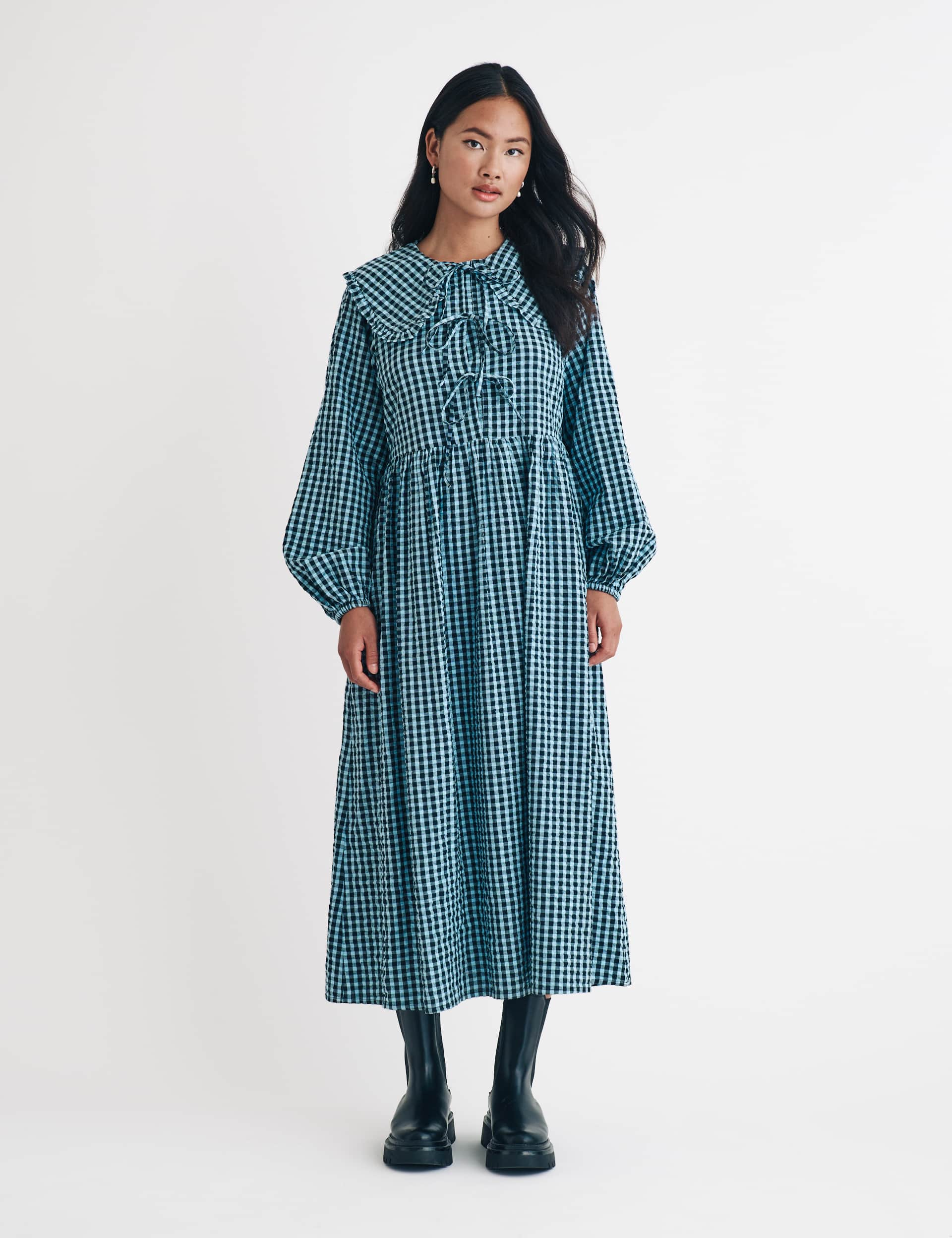 Nobody'S Child Women's Pure Cotton Checked Collared Midi Dress - 14 - Navy, Navy