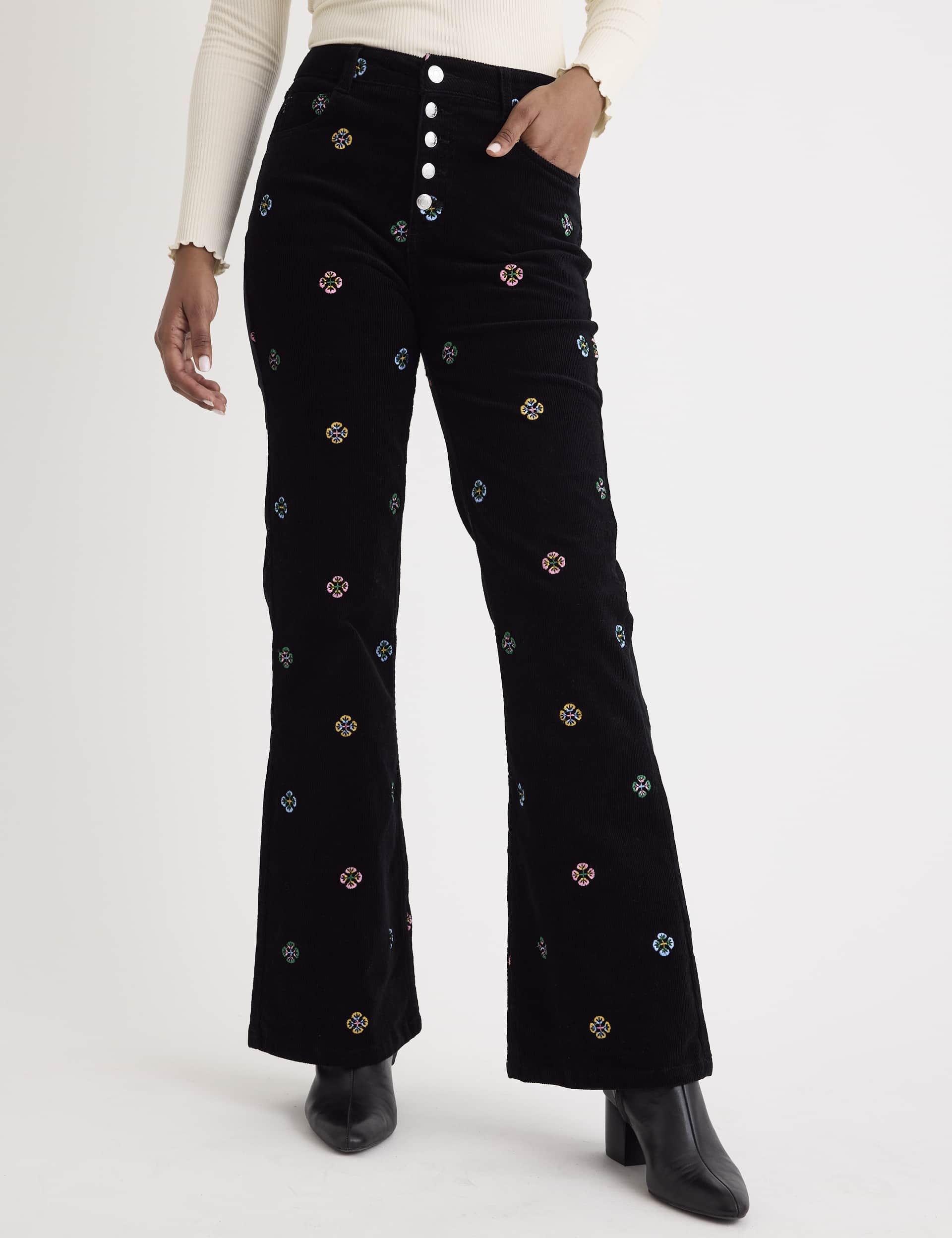 Nobody'S Child Women's Cotton Rich Cord Floral Flared Trousers - 10 - Black Mix, Black Mix