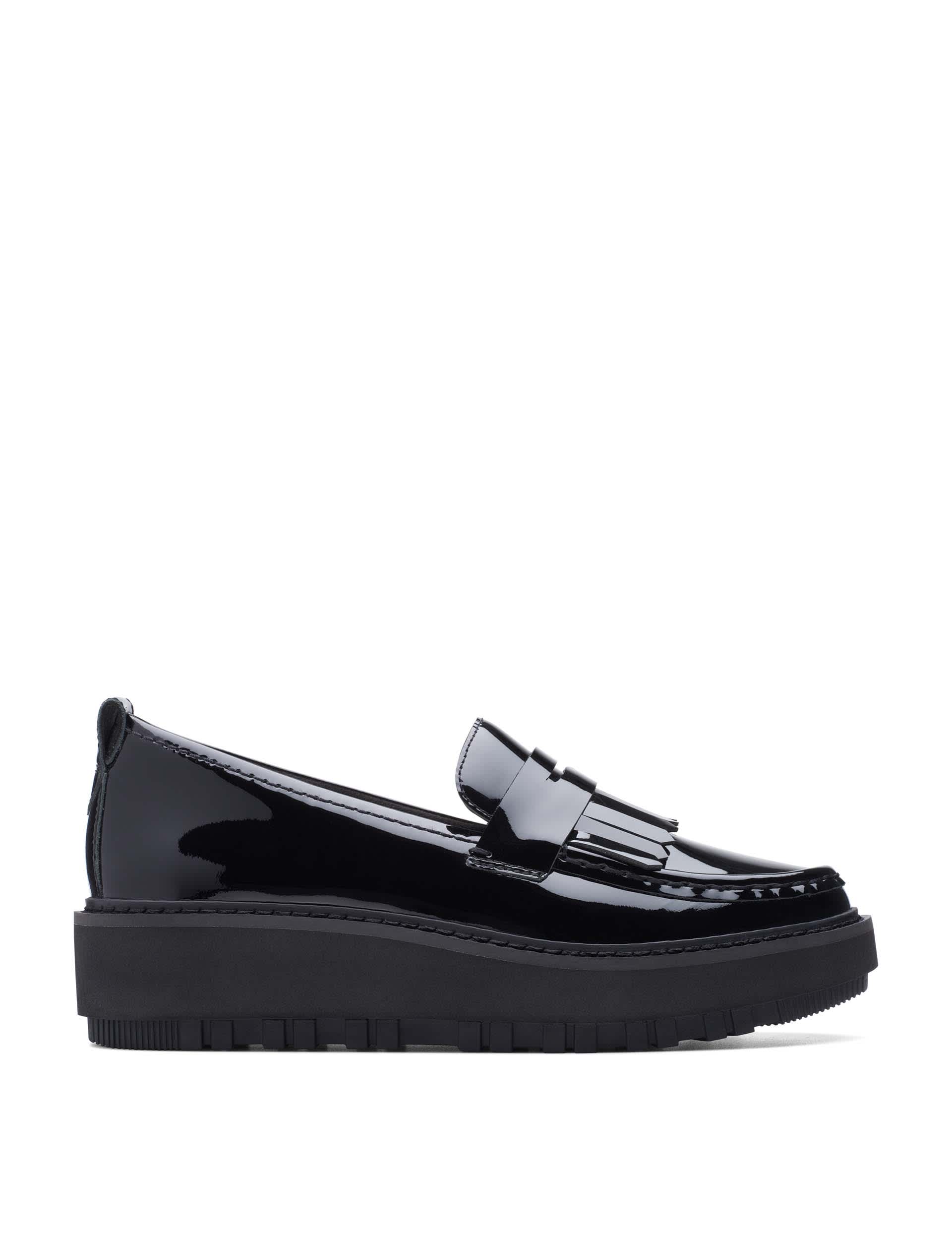 Clarks Women's Leather Patent Flatform Loafers - 5 - Black, Black