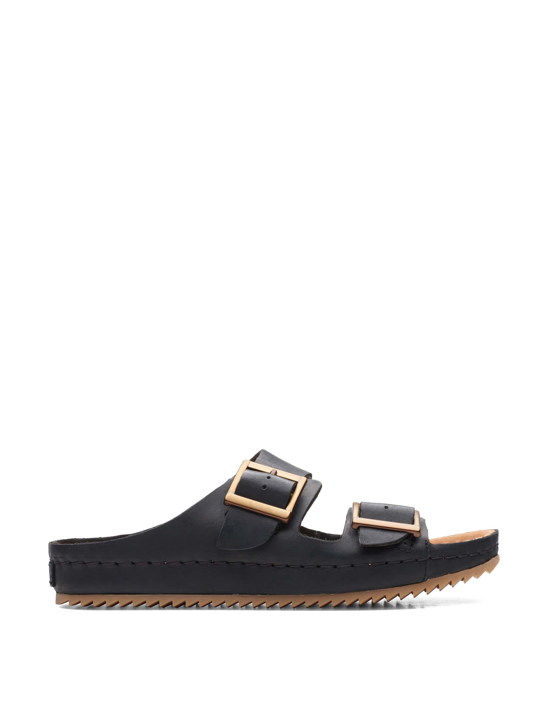 Clarks Women's Leather Buckle Flat Sliders - 5 - Black, Dark Tan,Black,Gold