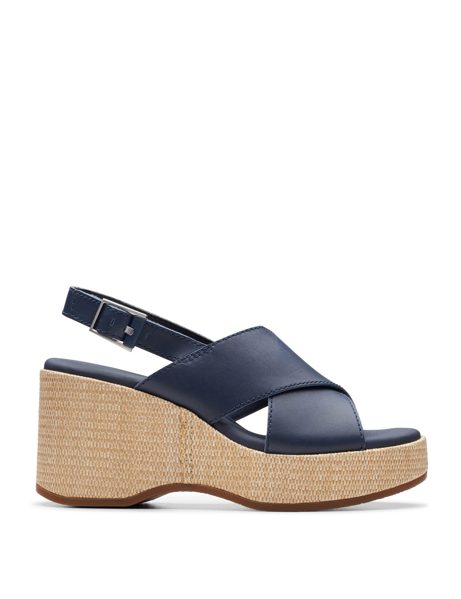 Clarks Women's Leather Wedge Sandals - 5 - Navy, Navy,White