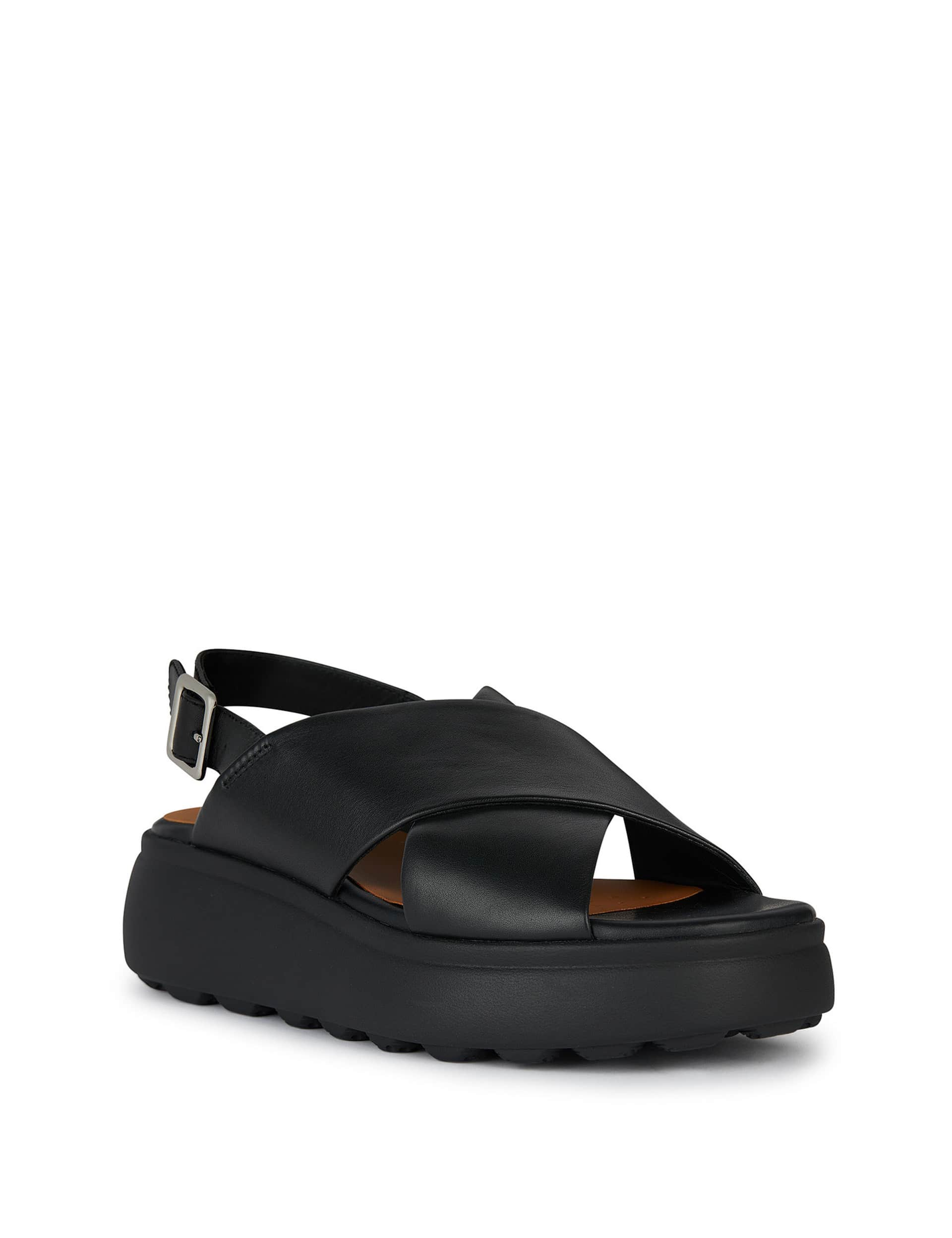 Geox Women's Leather Ankle Strap Flatform Sandals - 4 - Black, Black,Sand