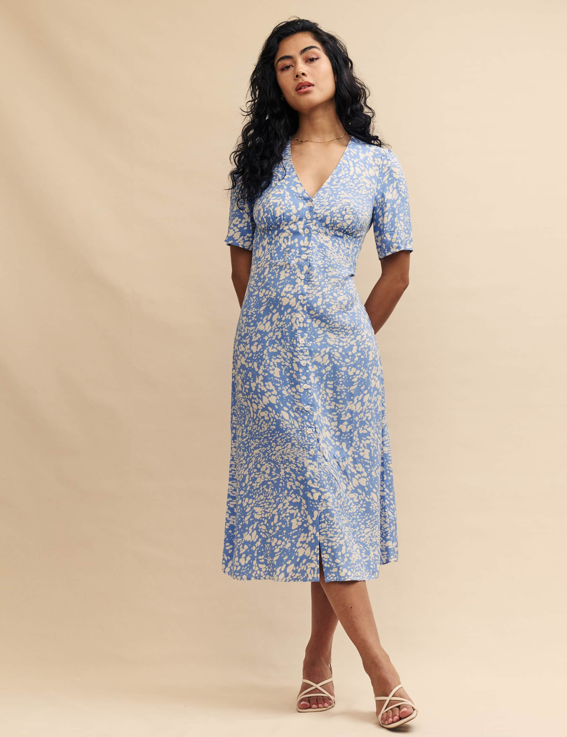 Nobody'S Child Women's Printed V-Neck Midi Tea Dress - 14PET - Blue Mix, Blue Mix