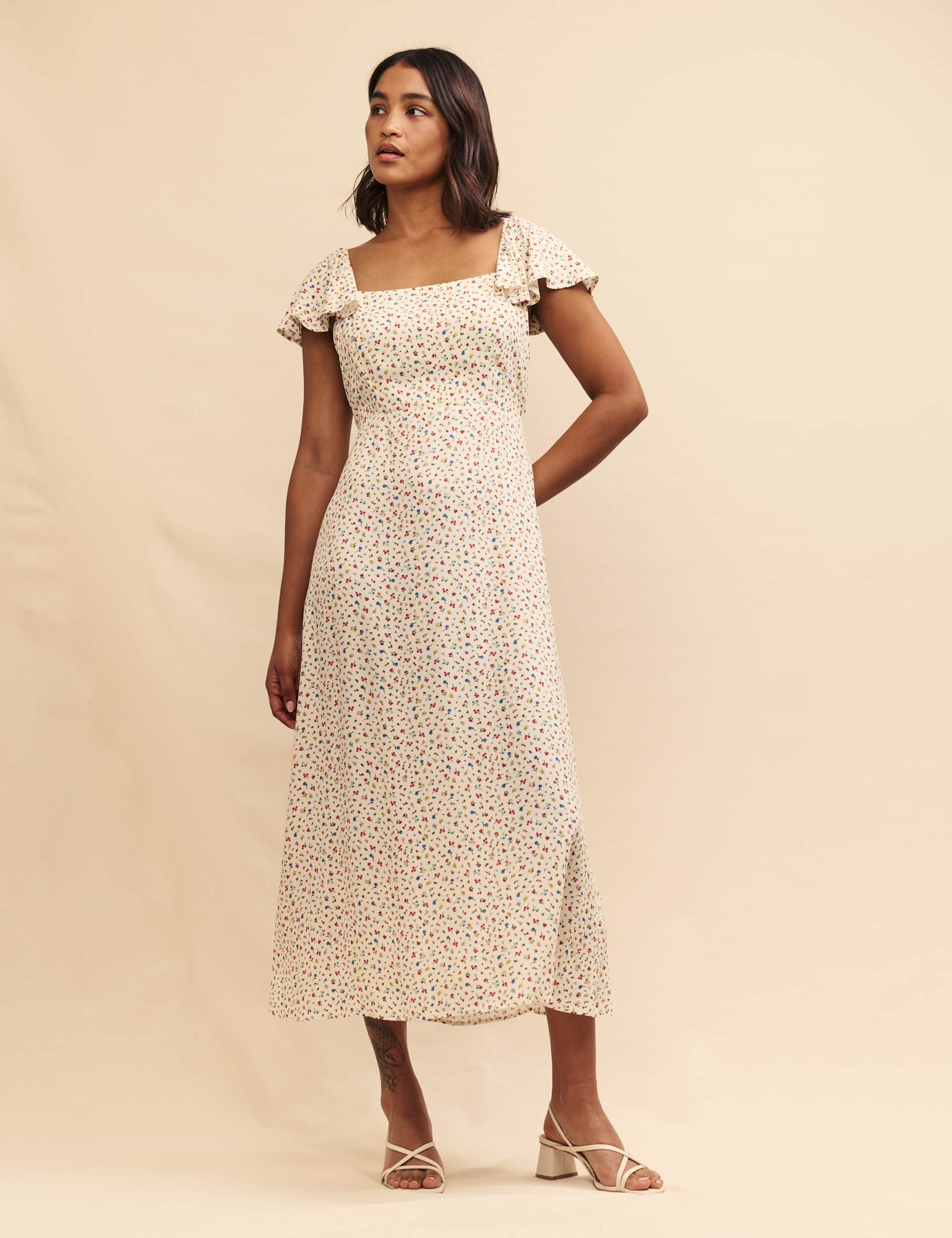 Nobody'S Child Women's Floral Square Neck Midi Tea Dress - 16PET - White Mix, White Mix