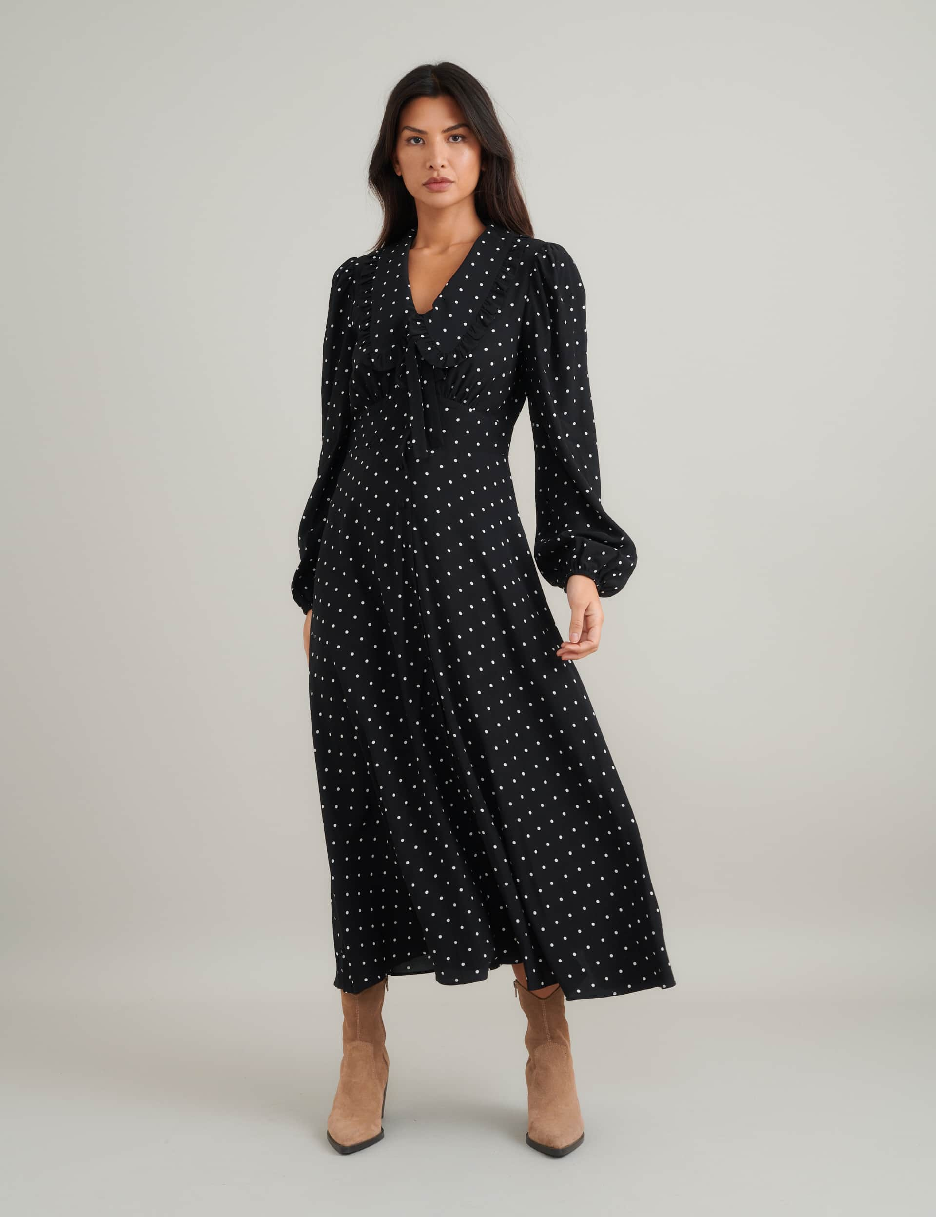 Nobody'S Child Women's Polka Dot Blouson Sleeve Midi Tea Dress - 12 - Black Mix, Black Mix