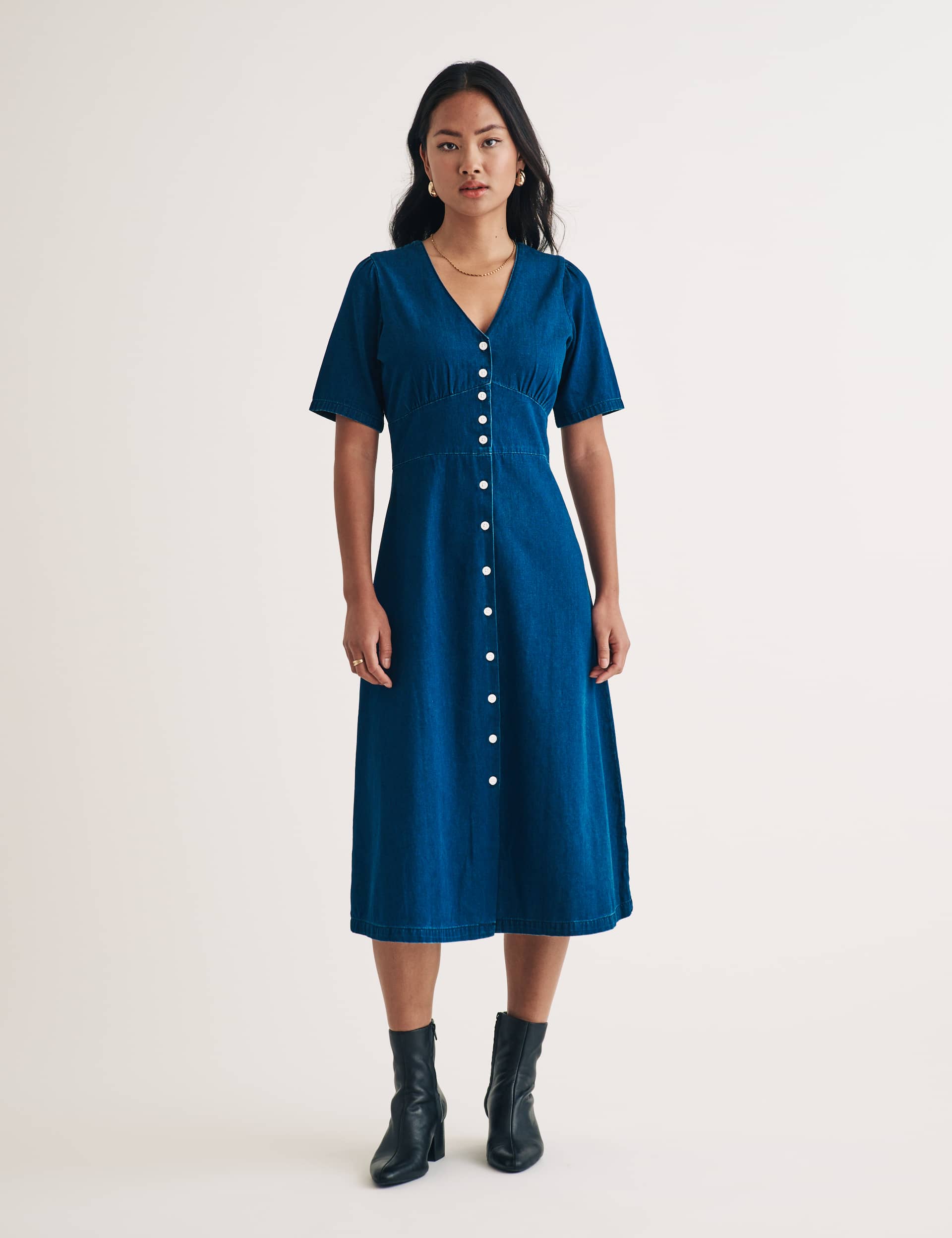 Nobody'S Child Women's Denim V-Neck Midi Tea Dress - 14 - Blue, Blue