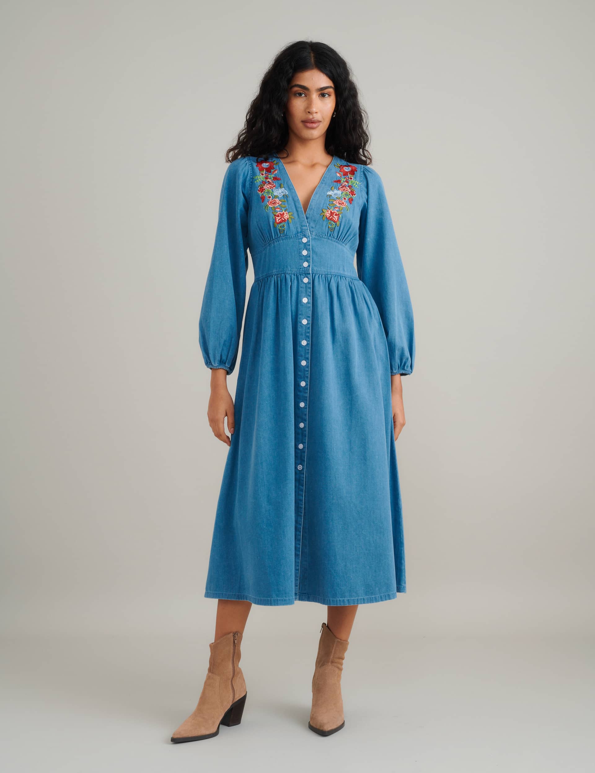 Nobody'S Child Women's Denim Embroidered Midi Tea Dress - 12 - Blue, Blue