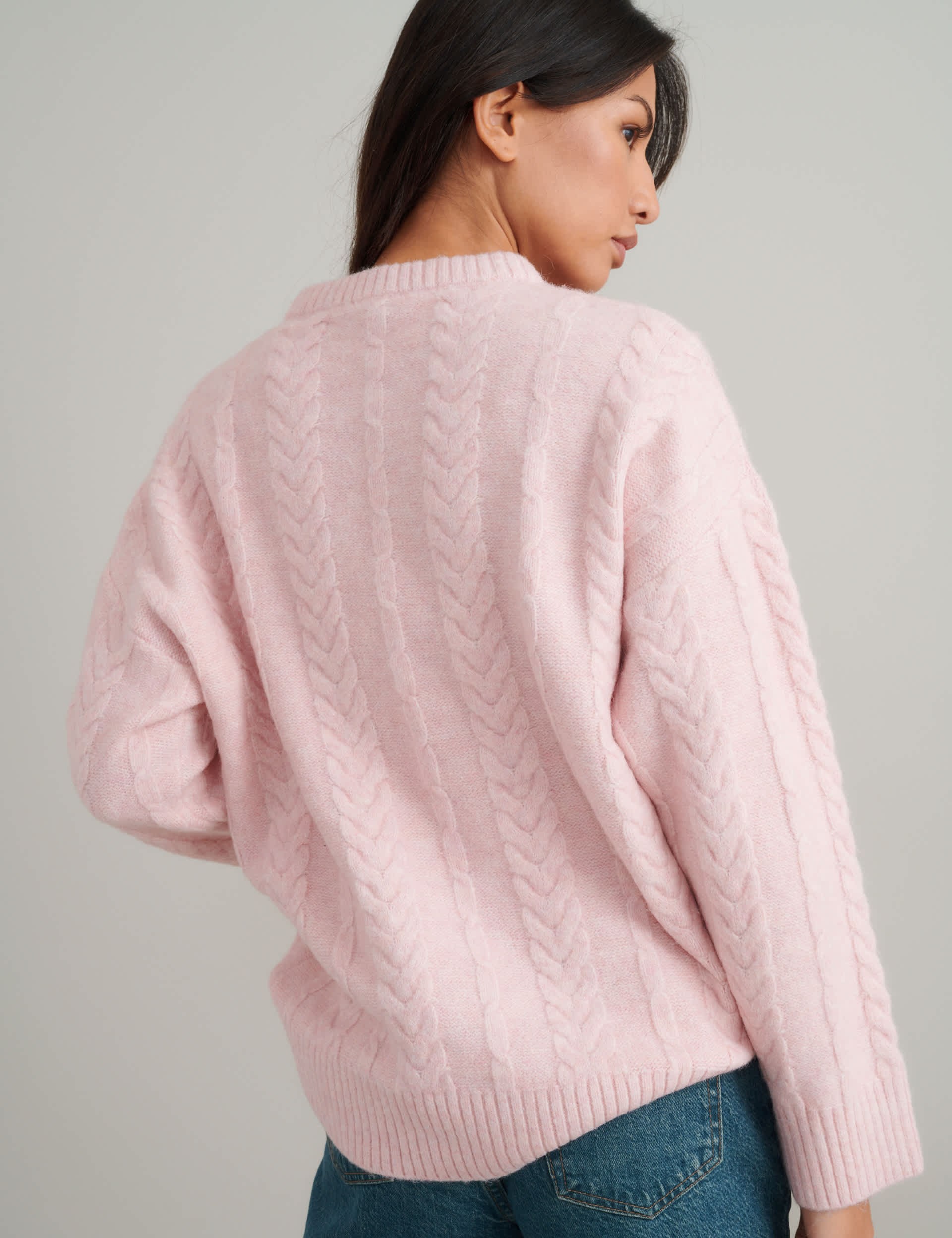 Nobody'S Child Women's Cable Knit Crew Neck Relaxed Jumper - Pink, Pink