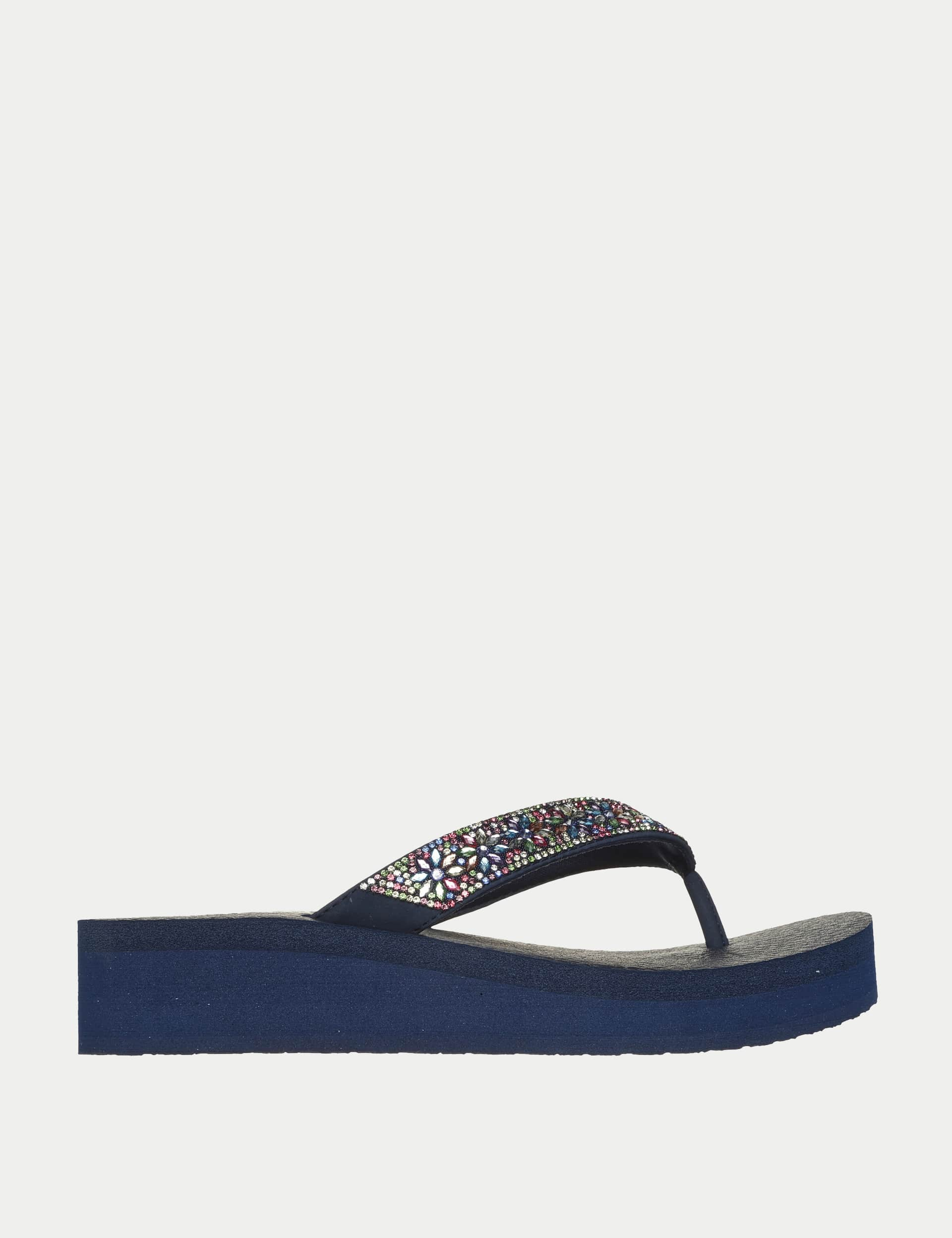 Skechers Women's Cali Vinyasa Wild Daisies Wedge Flip Flops - 6 - Navy Mix, Navy Mix,Taupe