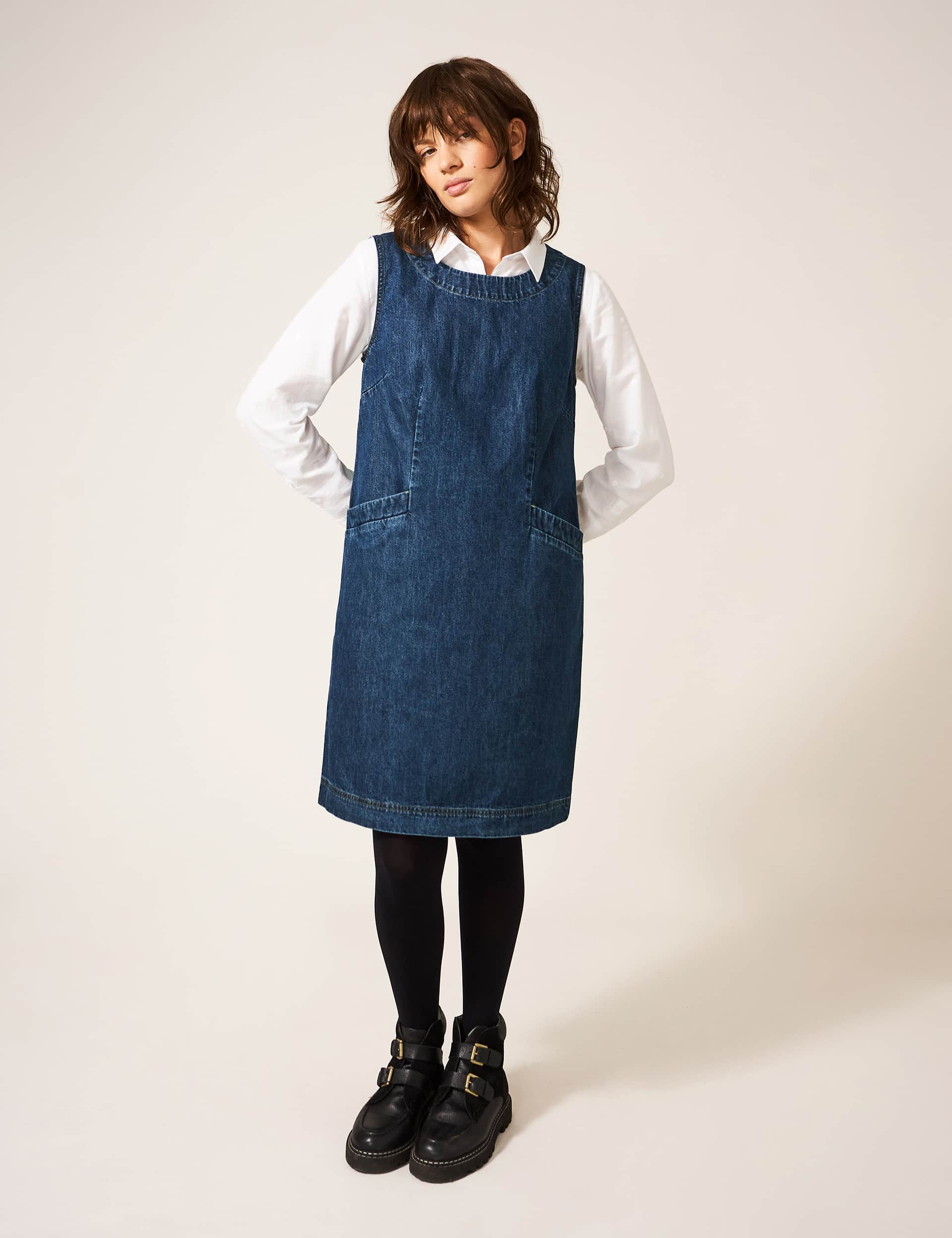 White Stuff Women's Organic Cotton Round Neck Pinafore Dress - 20 - Blue, Blue