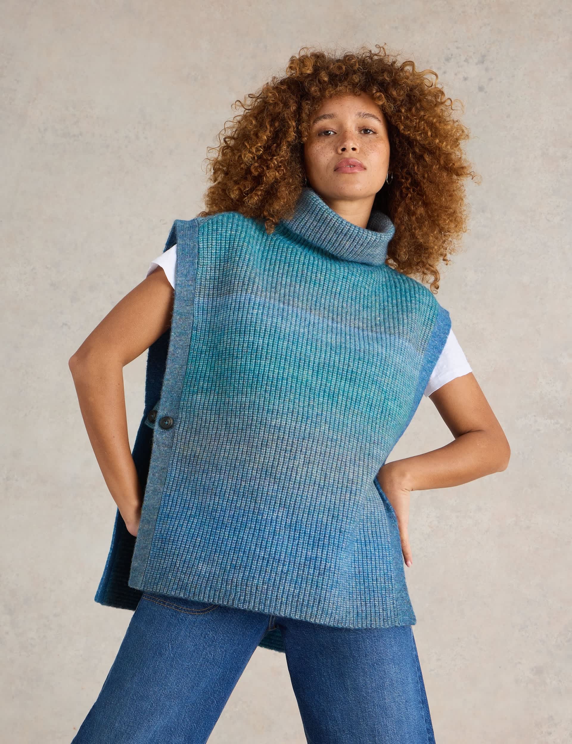 White Stuff Women's Knitted Ombr Side Button Poncho with Wool - Blue Mix, Natural Mix,Blue Mix