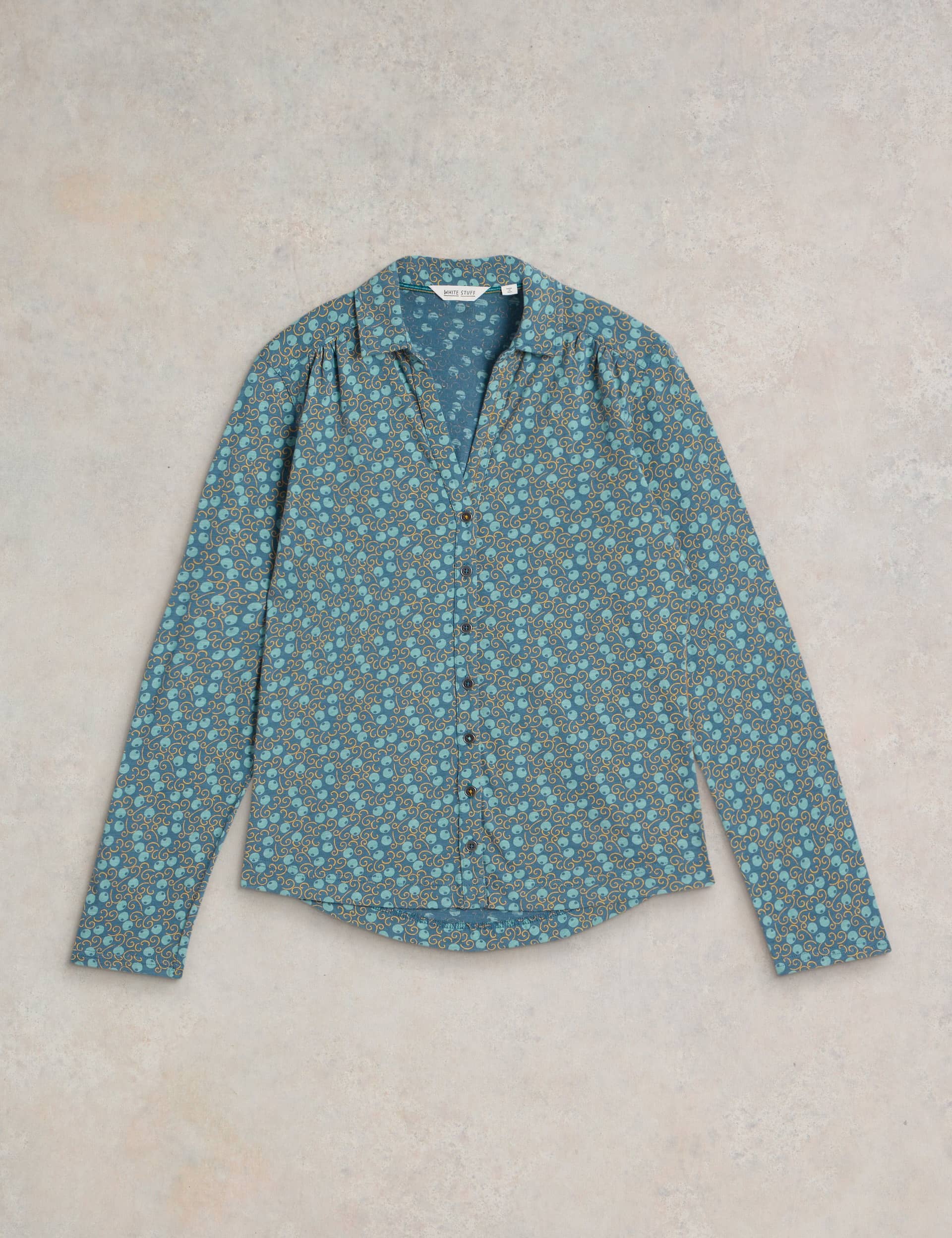 White Stuff Women's Pure Cotton Printed Collared Shirt - 12REG - Teal Mix, Teal Mix