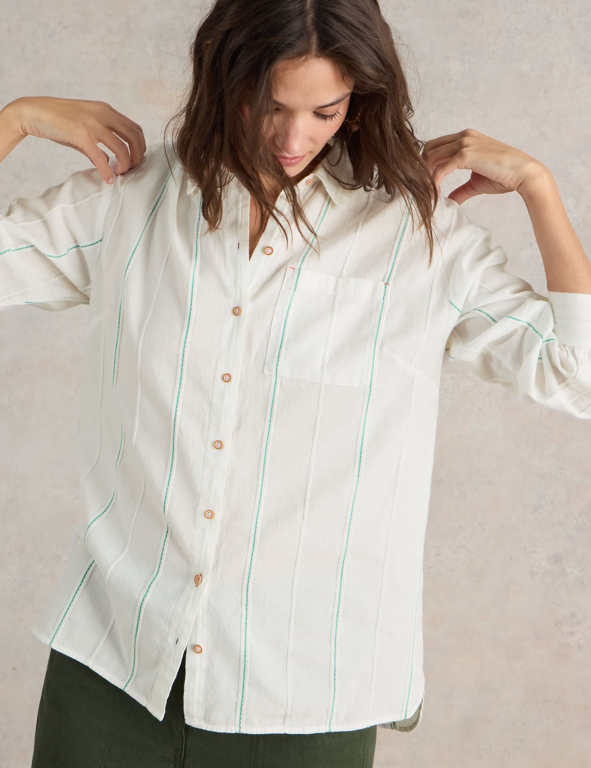 White Stuff Women's Pure Cotton Striped Collared Longline Shirt - 12 - White Mix, Blue Mix,White Mix