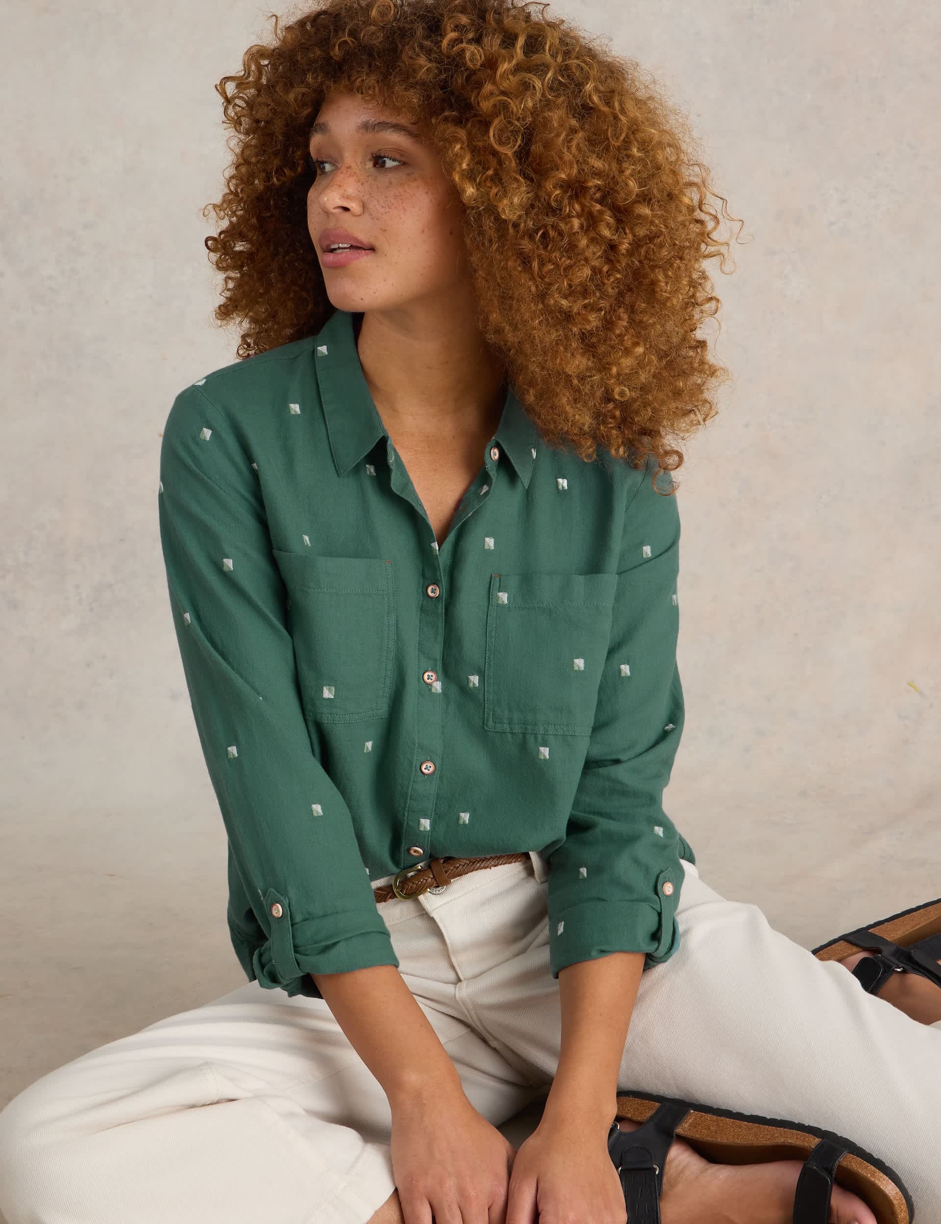 White Stuff Women's Pure Cotton Embroidered Collared Shirt - 12 - Green Mix, Green Mix,Blue Mix