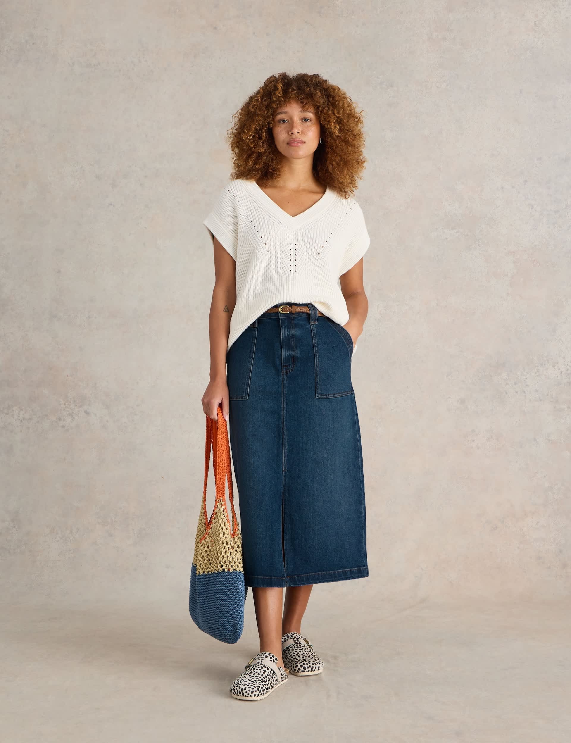 White Stuff Women's Cotton Rich Denim Midi Skirt - 12REG - Med Blue Denim, Med Blue Denim