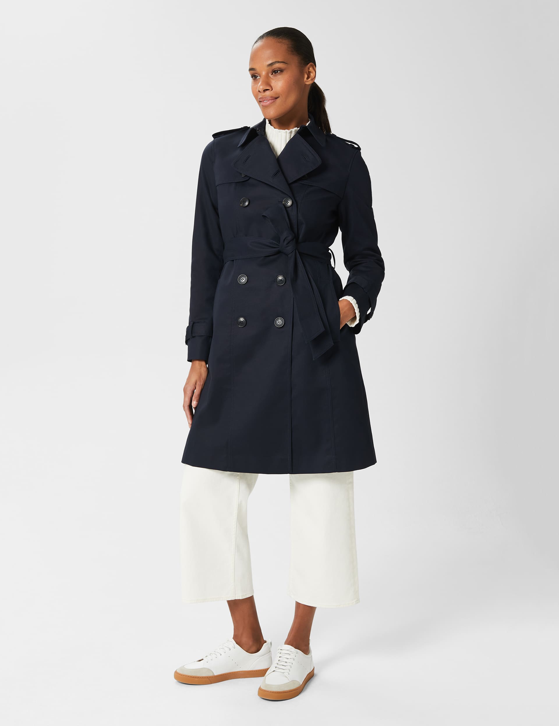 Hobbs Women's Saskia Belted Water Resistant Trench Coat - 8 - Navy, Navy,Light Green