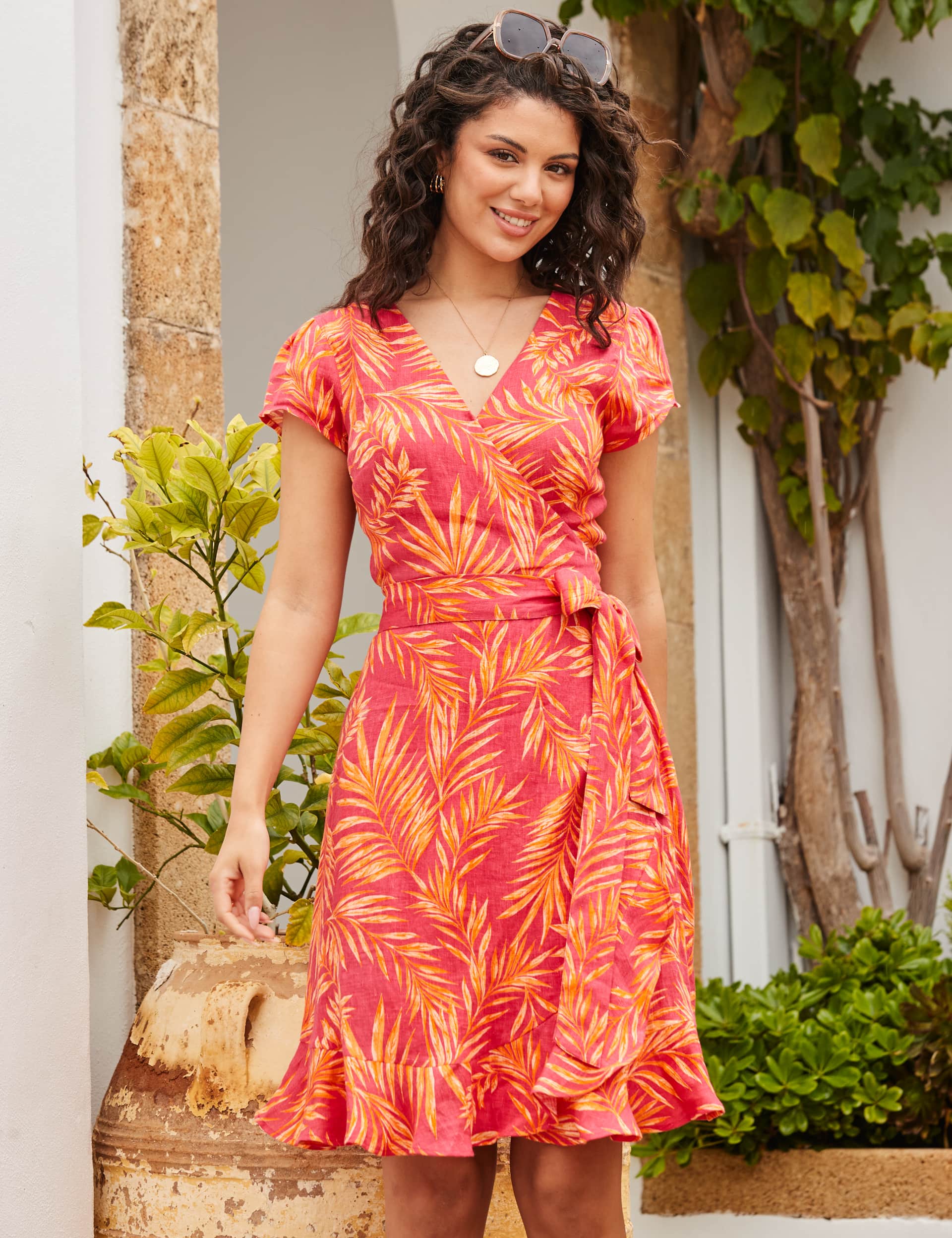 Sosandar Women's Pure Linen Floral V-Neck Wrap Dress