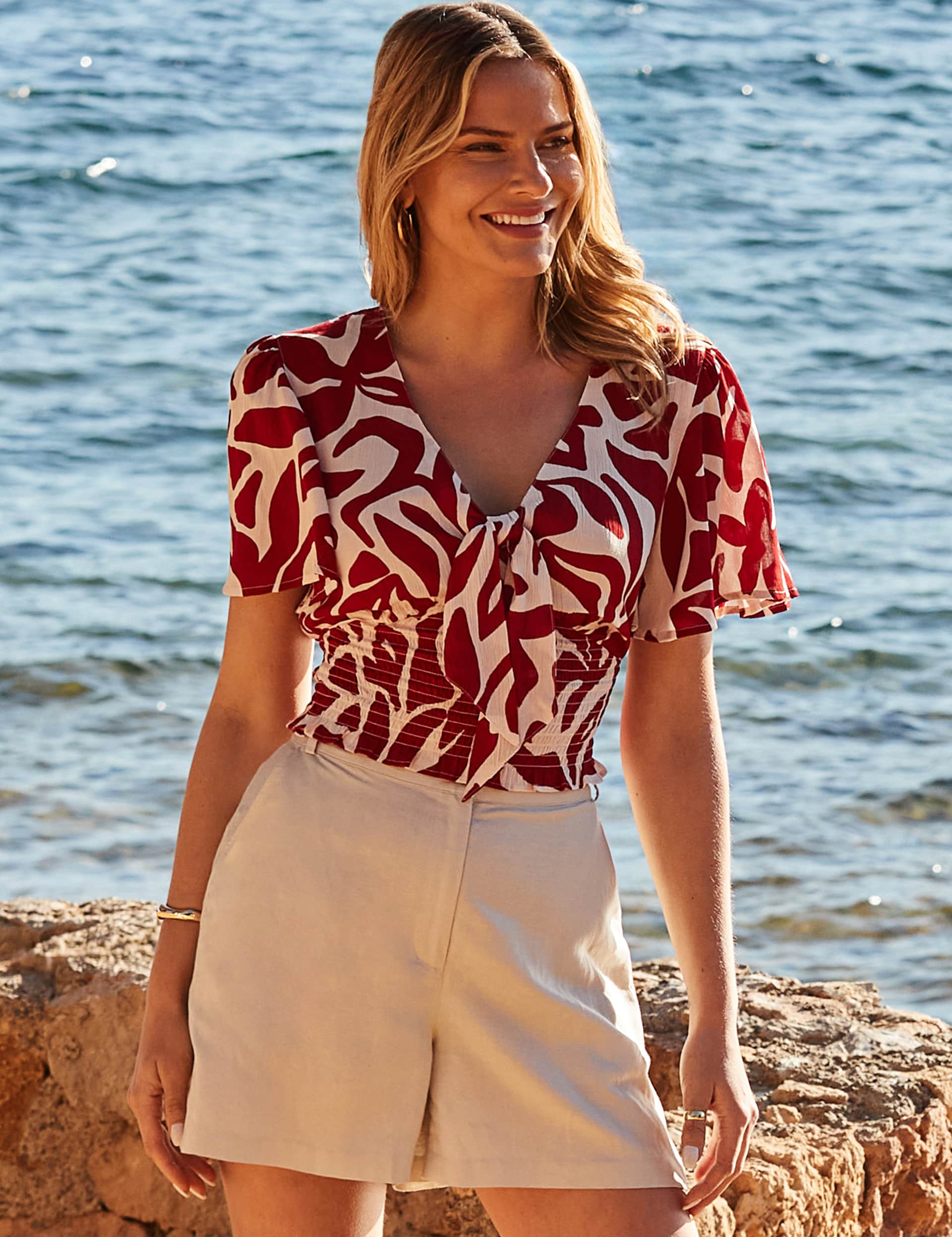 Sosandar Women's Floral V-Neck Tie Front Angel Sleeve Top