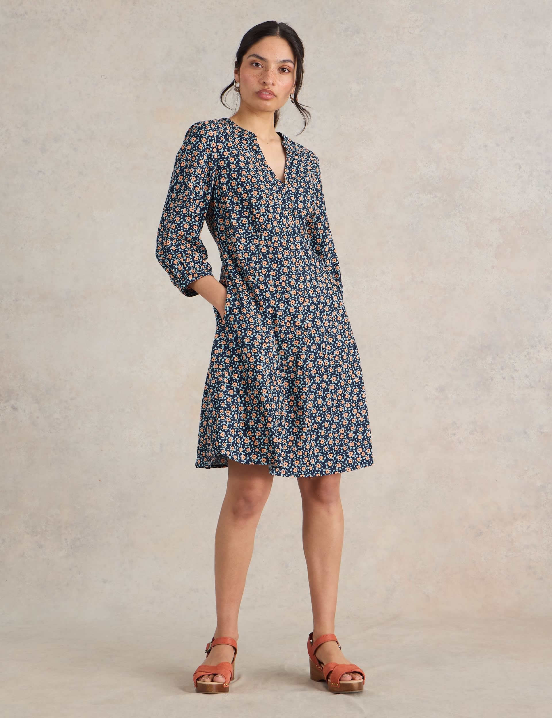 White Stuff Women's Floral Notch Neck Knee Length Tea Dress