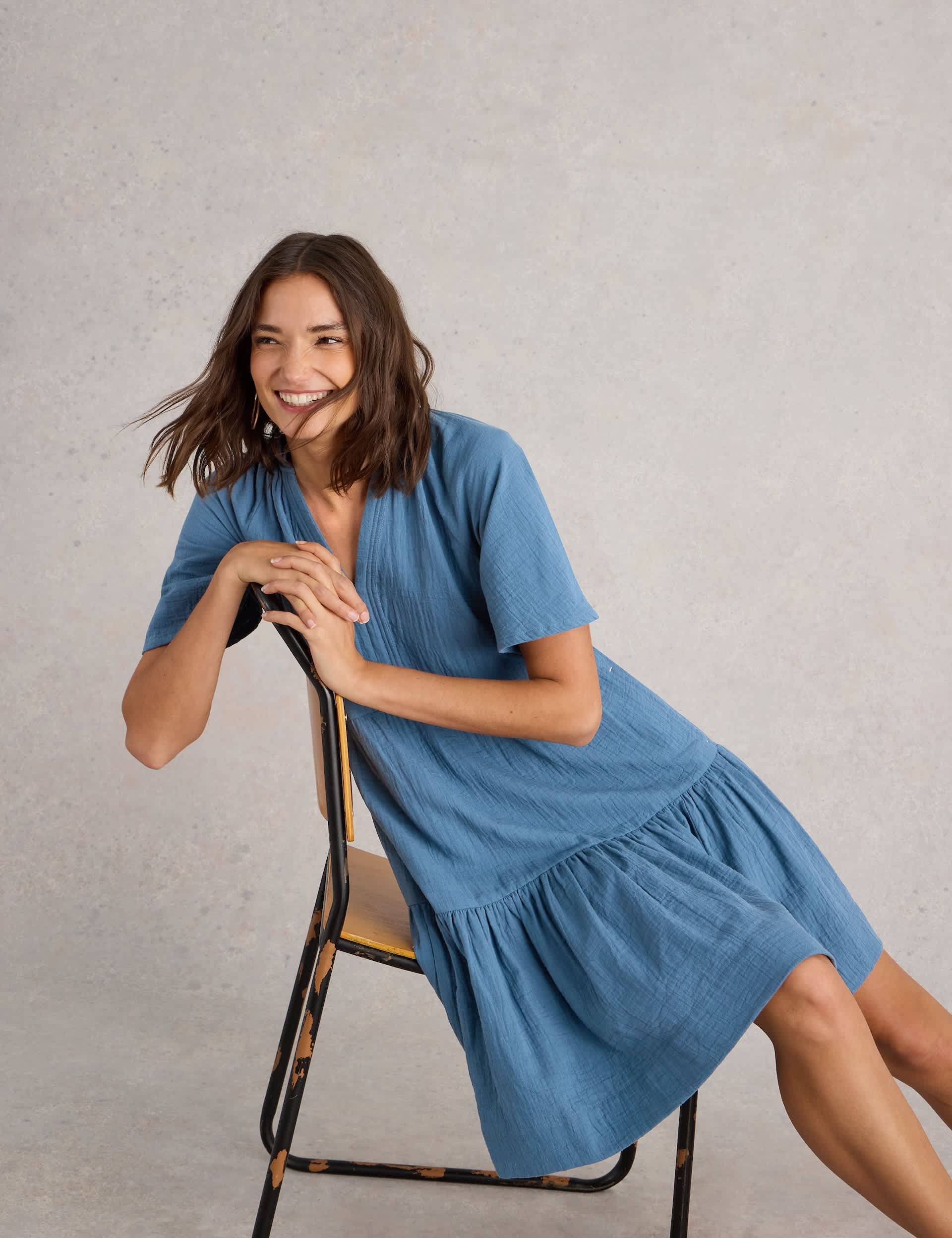 White Stuff Women's Pure Cotton V-Neck Relaxed Tiered Dress