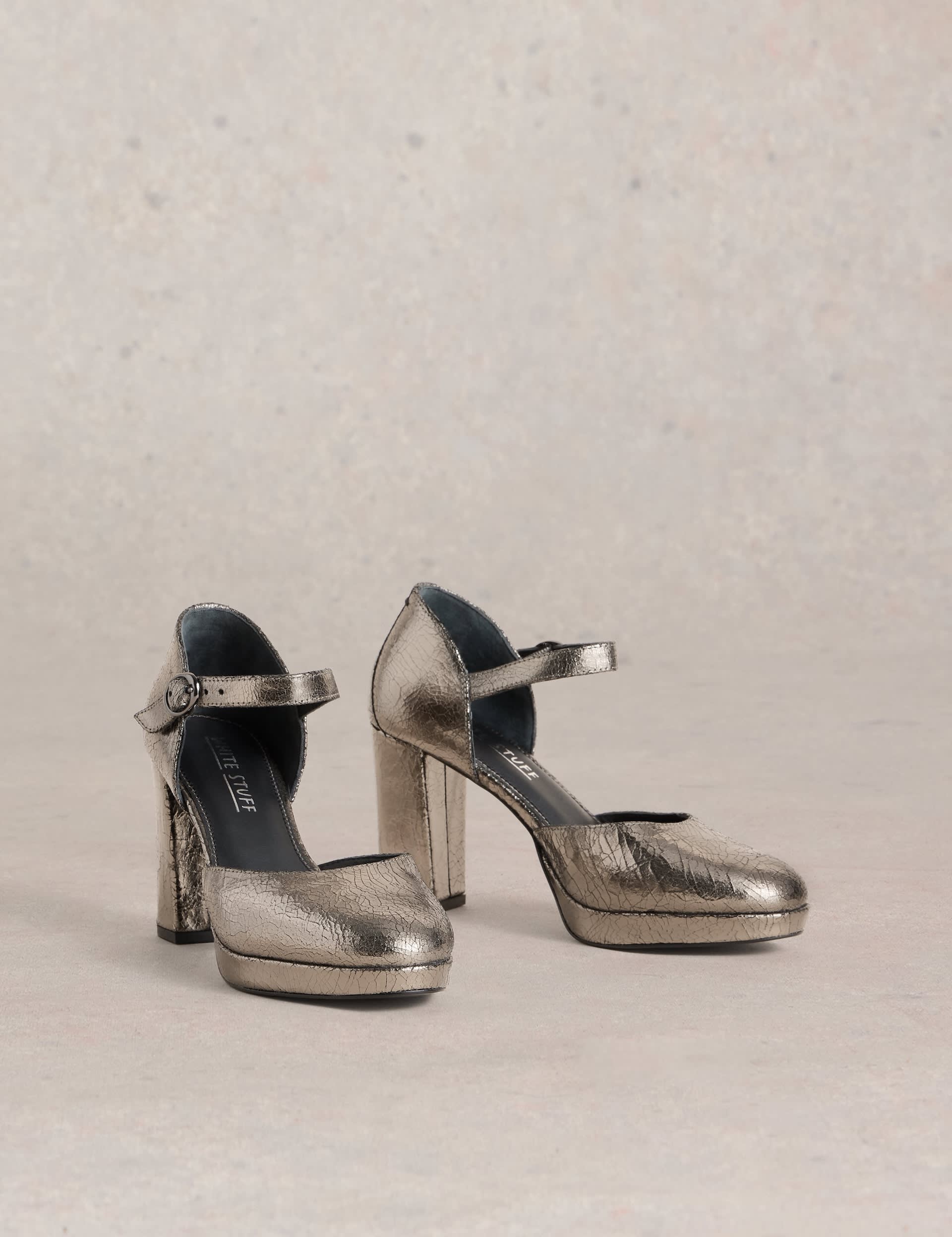 White Stuff Women's Leather Metallic Block Heel Platform Shoes - 8 - Pewter, Pewter