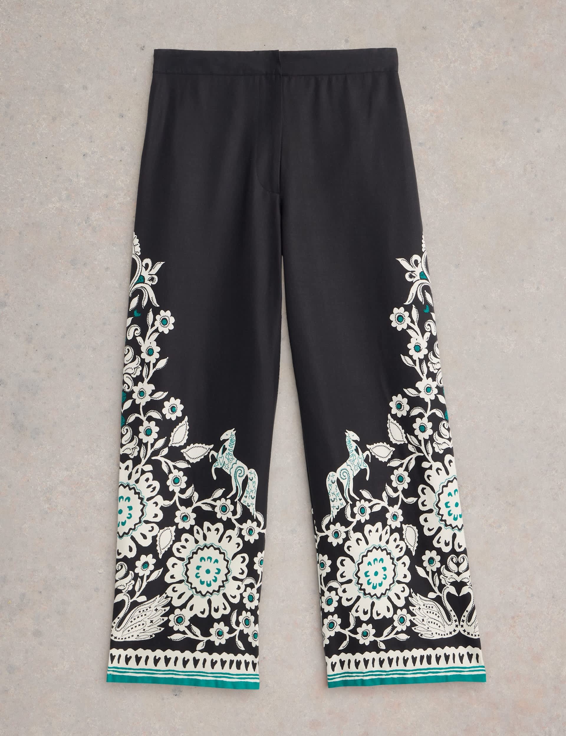 White Stuff Women's Pure Cotton Floral Wide Leg Trousers - 12REG - Black Mix, Black Mix