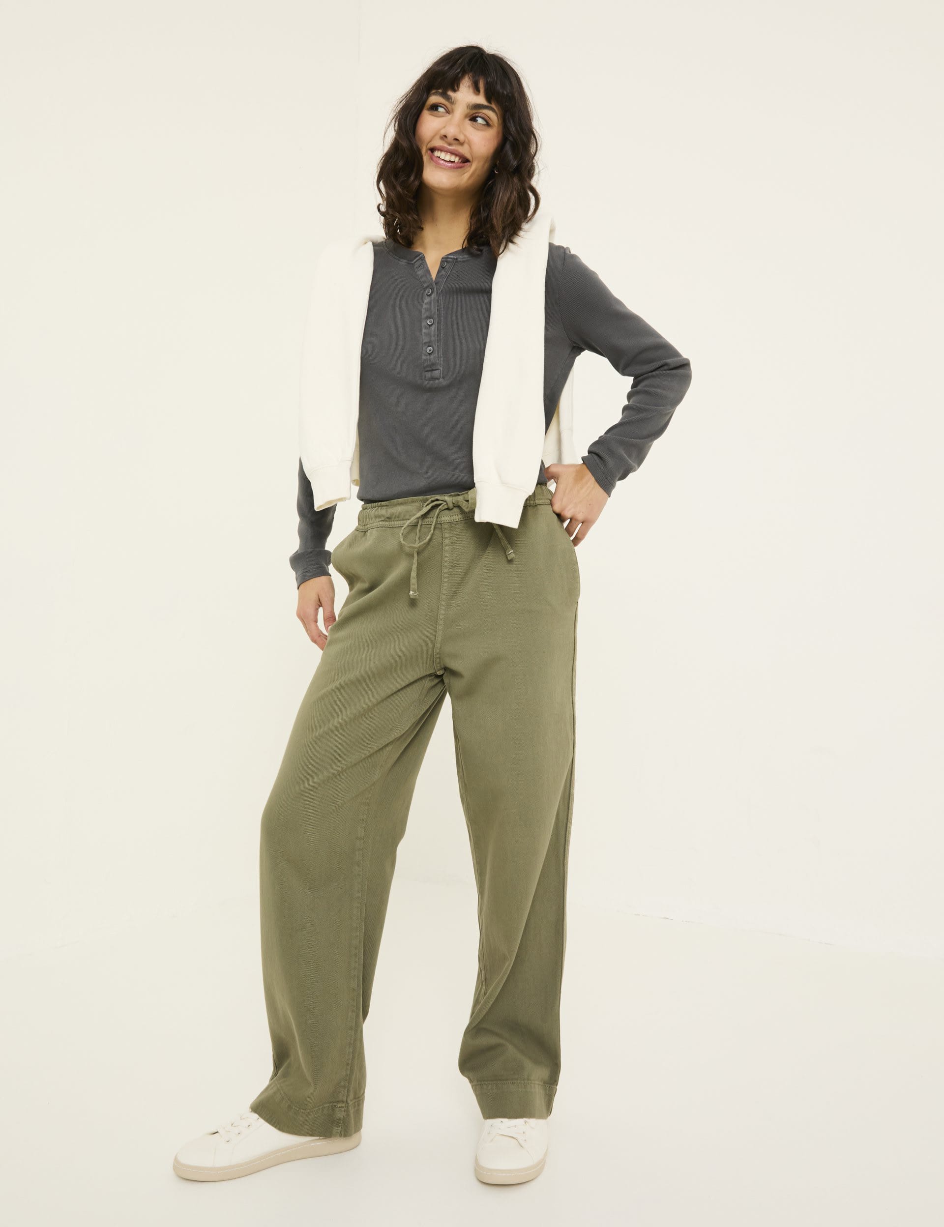 Fatface Women's Pure Cotton Drawstring Wide Leg Trousers - 14REG - Khaki, Khaki