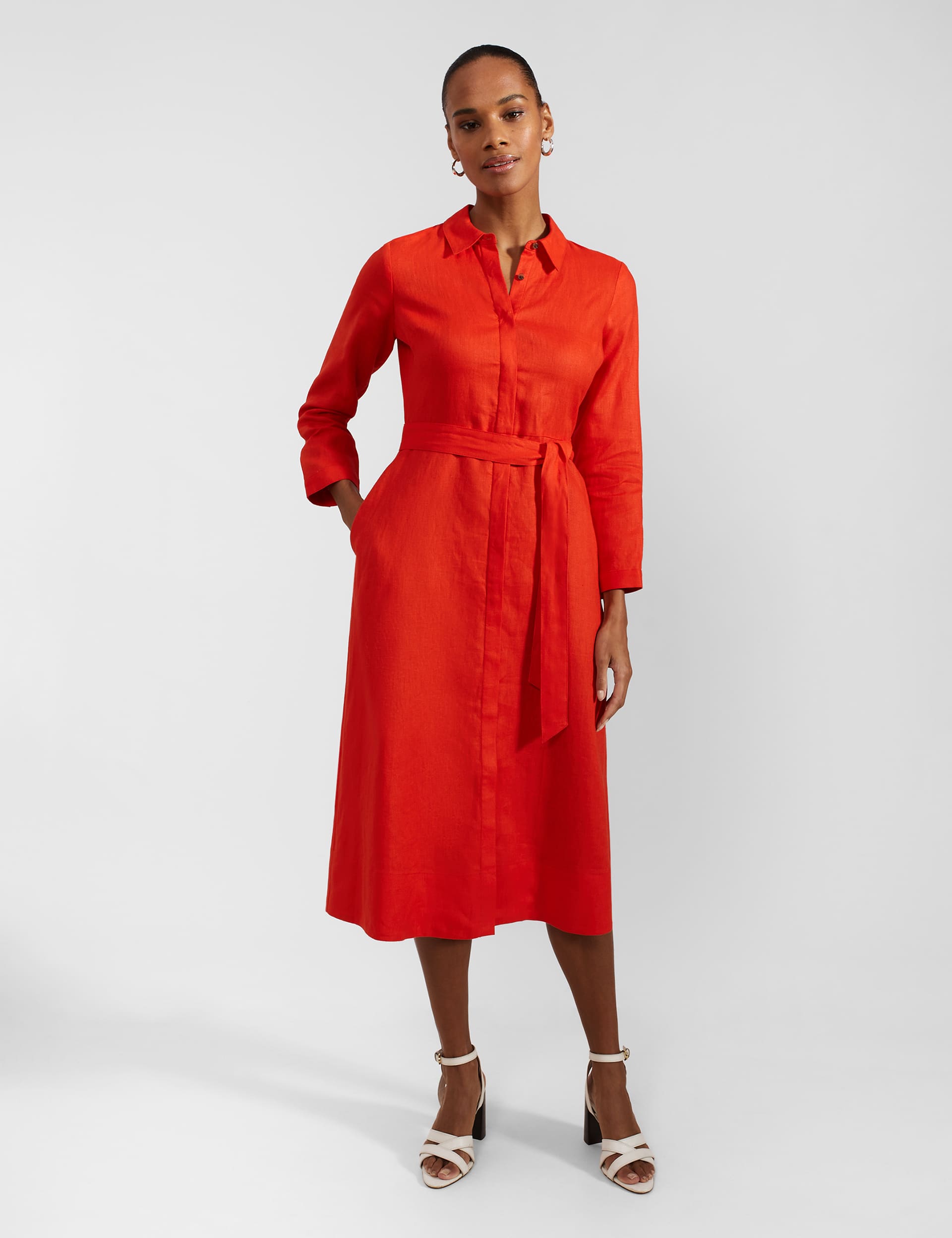 Hobbs Women's Pure Linen Belted Midi Shirt Dress - 10 - Red, Red