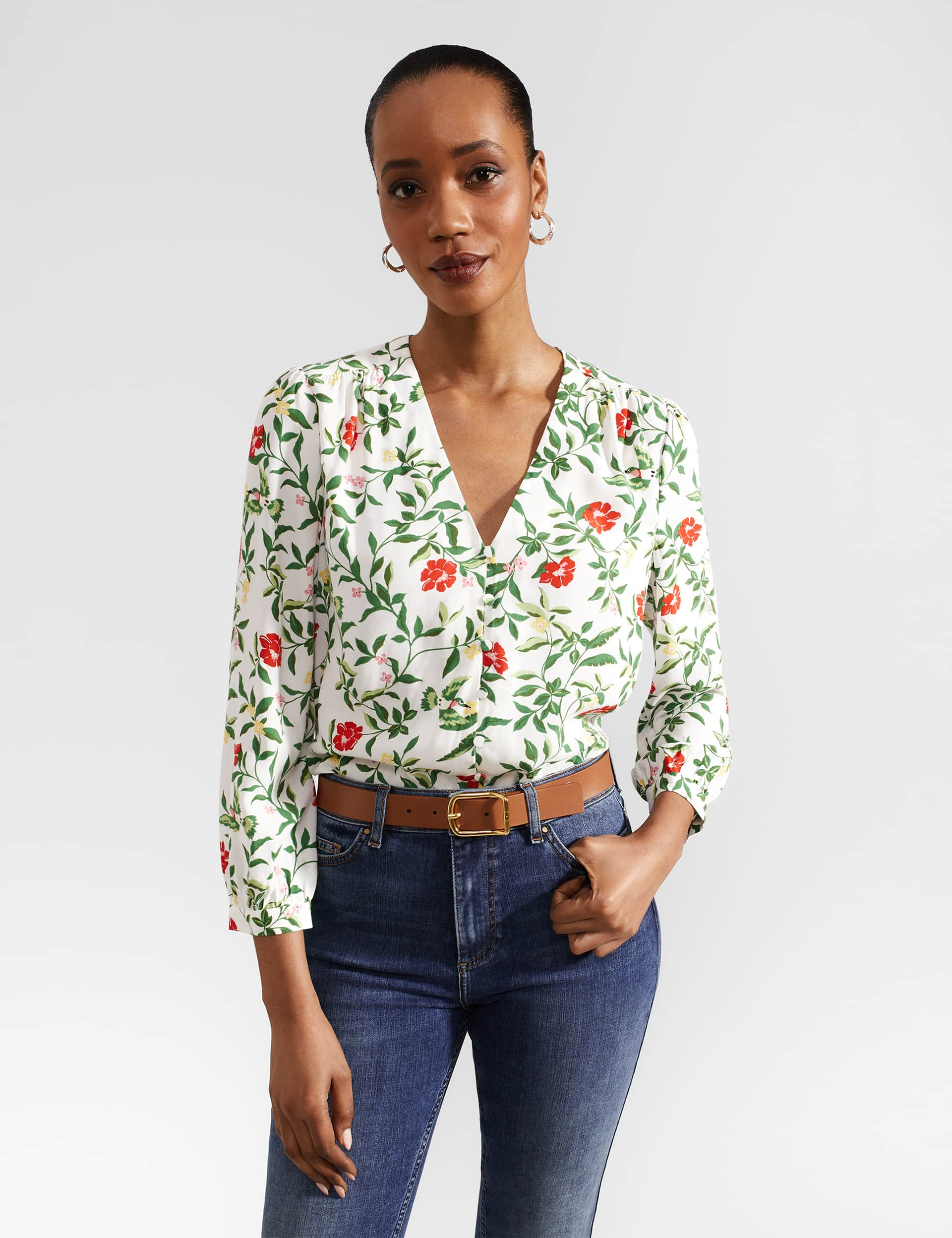 Hobbs Women's Floral V-Neck Blouse - 6 - Ivory Mix, Ivory Mix